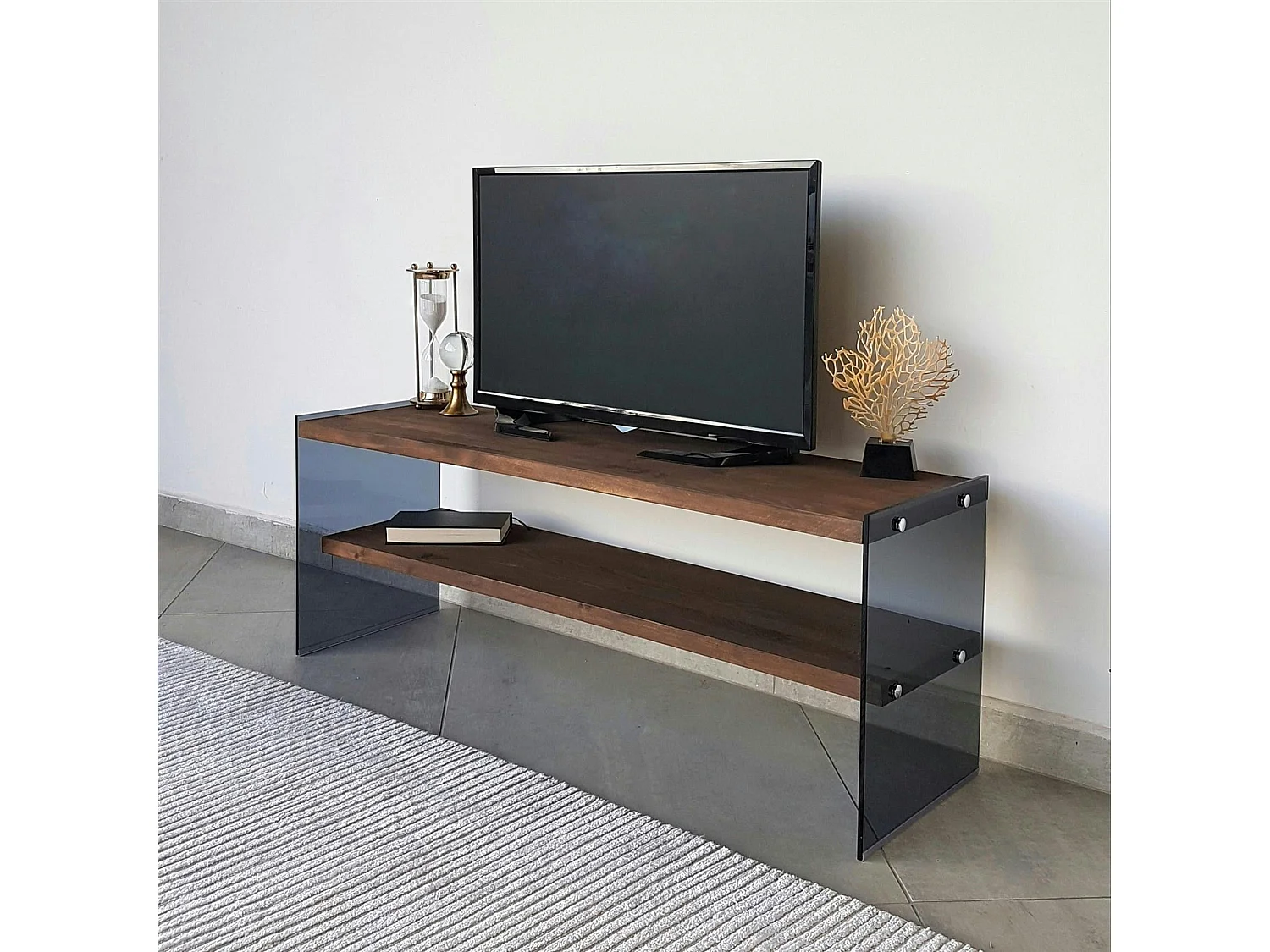 Meuble TV en bois marron et verre fumé - 2 niveaux LHASA