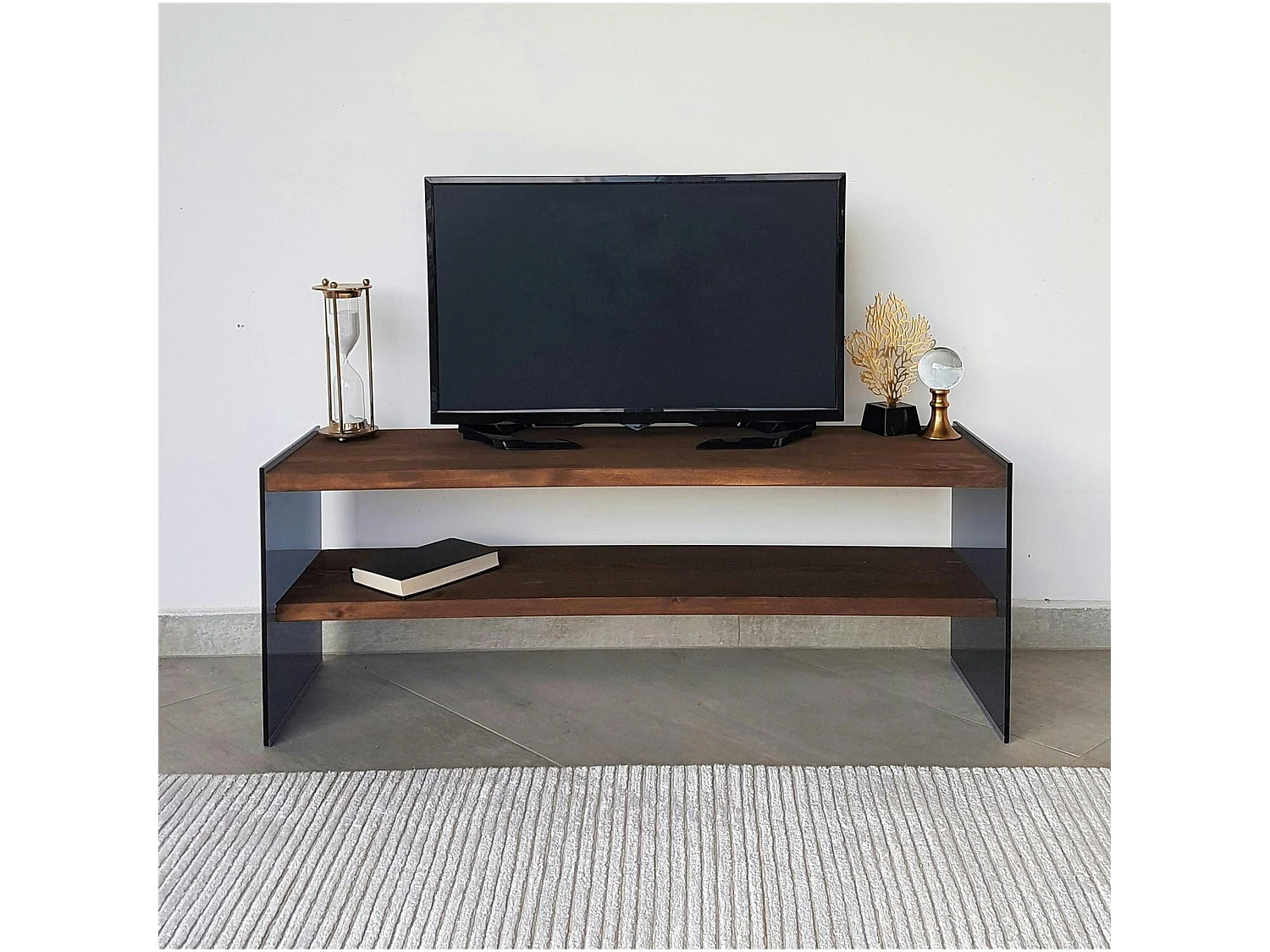 Meuble TV en bois marron et verre fumé - 2 niveaux LHASA