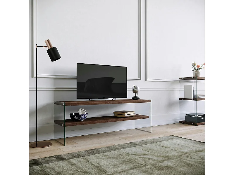 Meuble TV en bois brun et verre - 2 niveaux LHASA