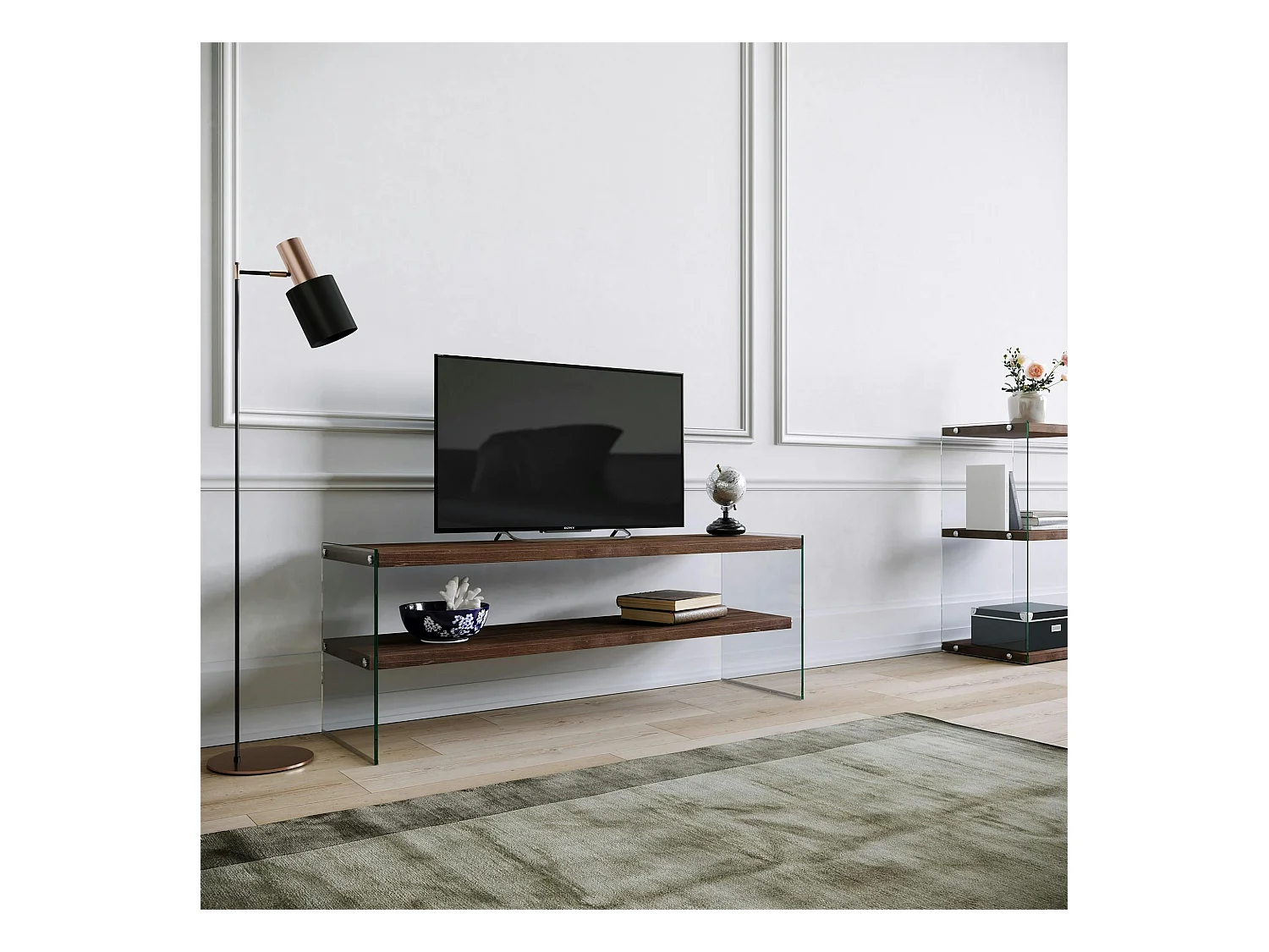 Meuble TV en bois brun et verre - 2 niveaux LHASA