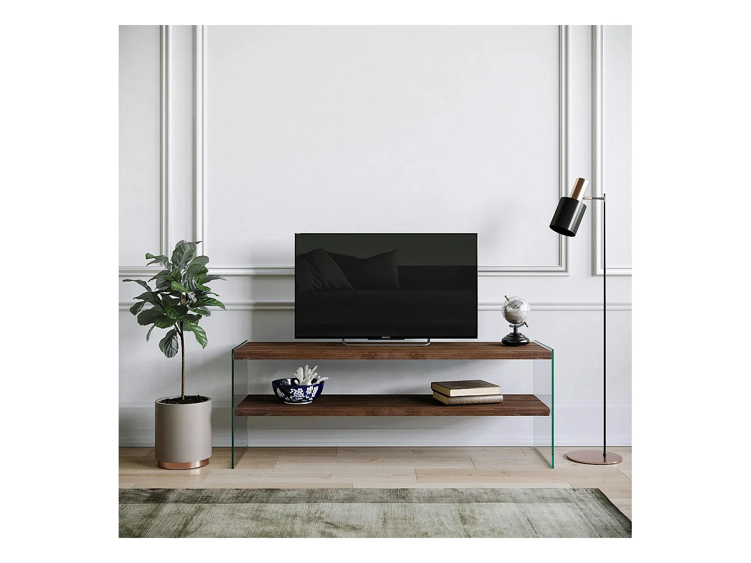 Meuble TV en bois brun et verre - 2 niveaux LHASA