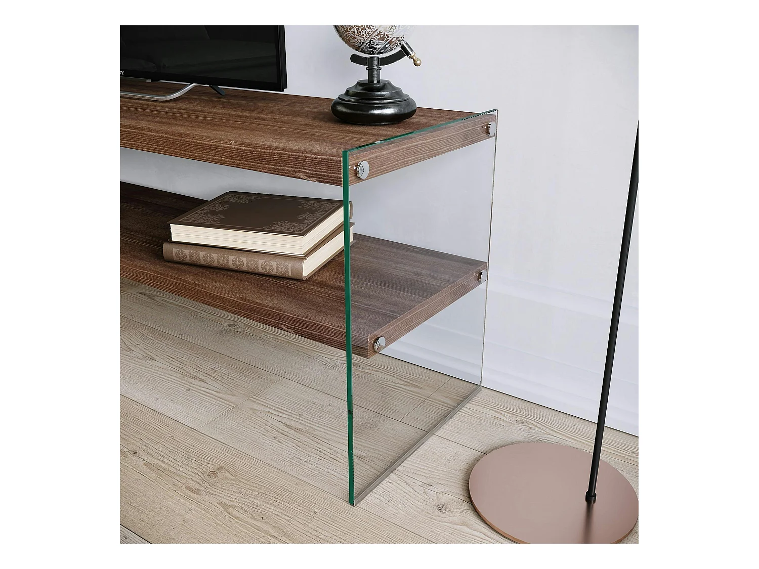 Meuble TV en bois brun et verre - 2 niveaux LHASA