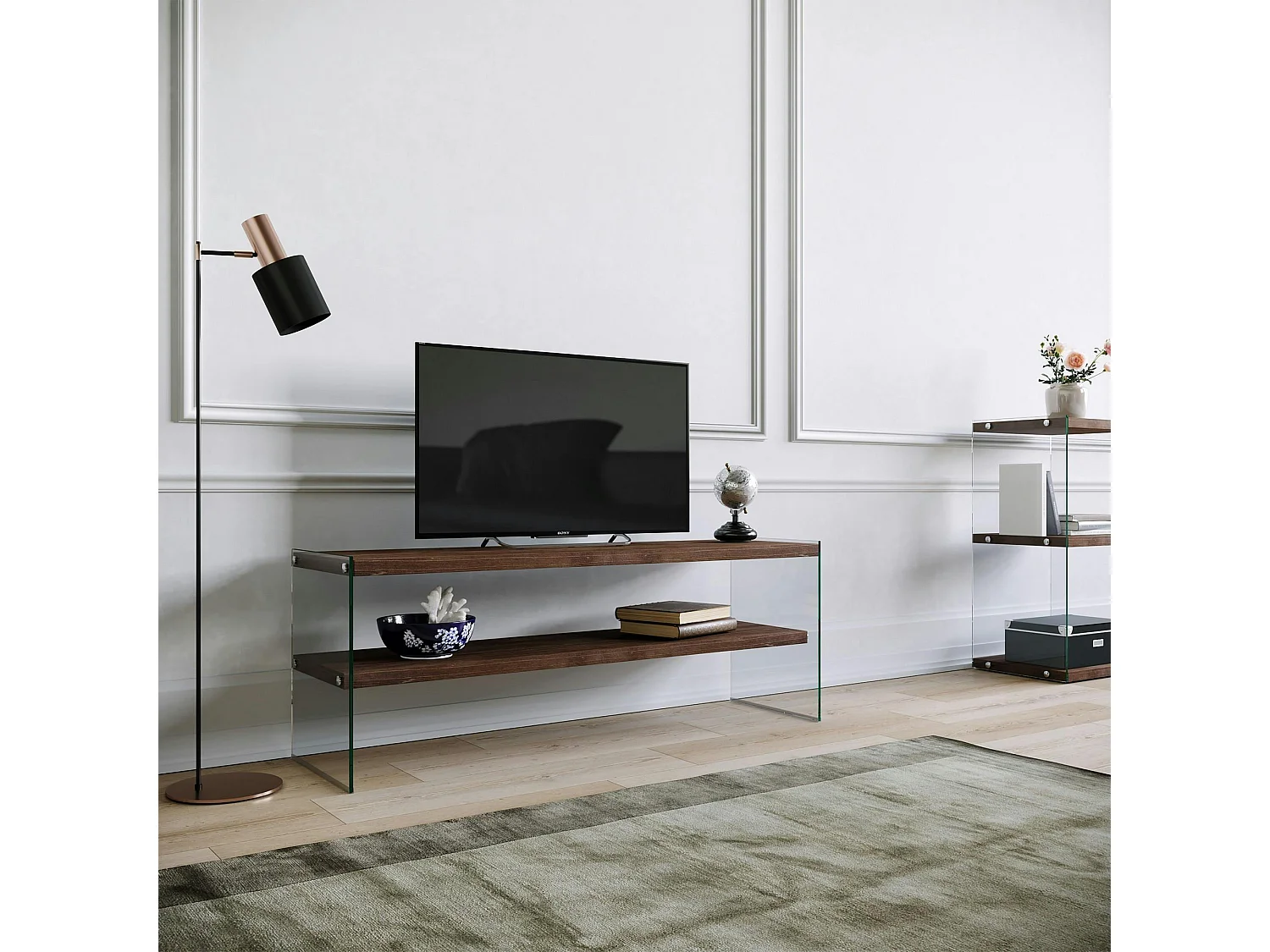 Meuble TV en bois brun et verre - 2 niveaux LHASA