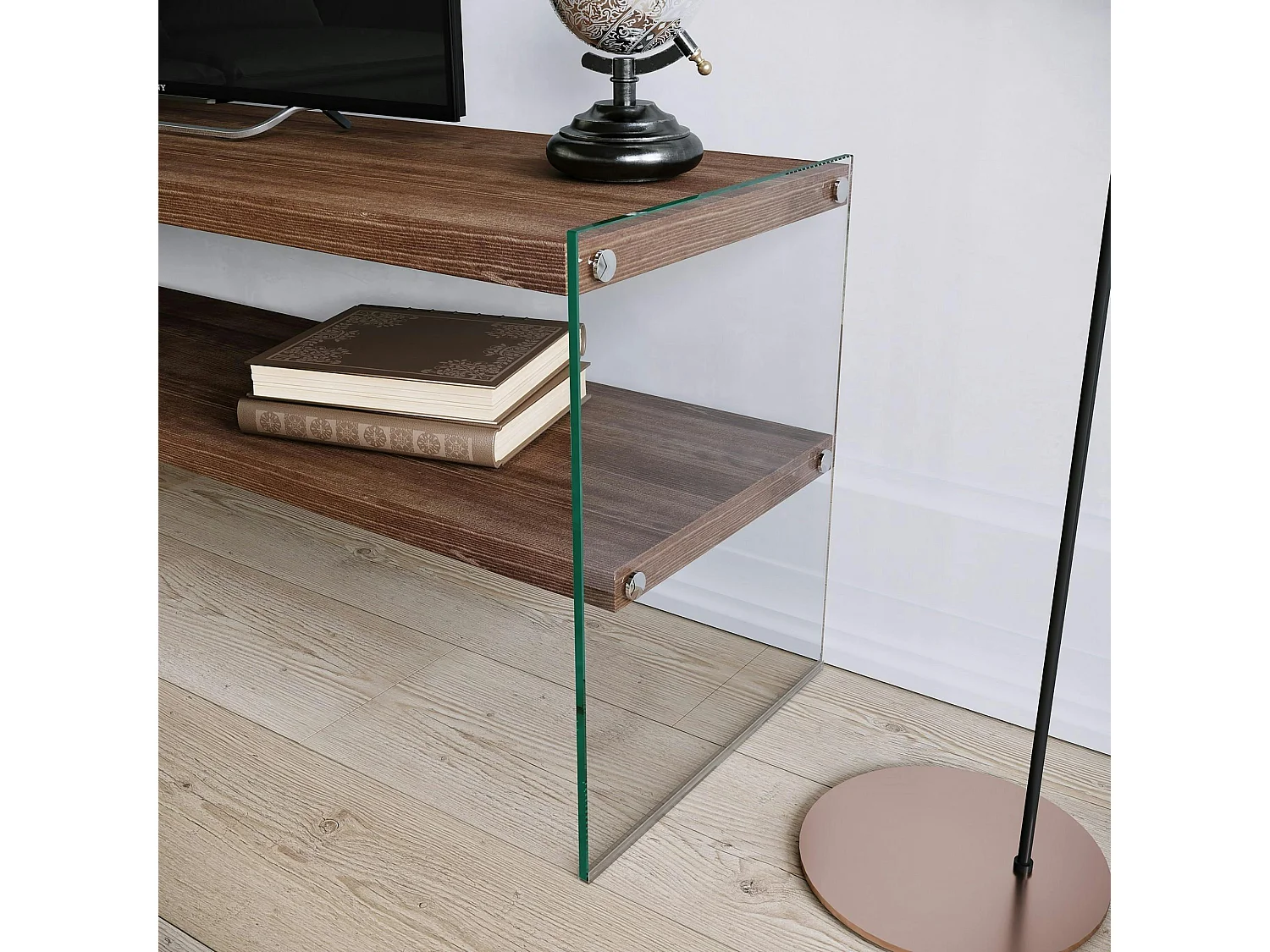 Meuble TV en bois brun et verre - 2 niveaux LHASA