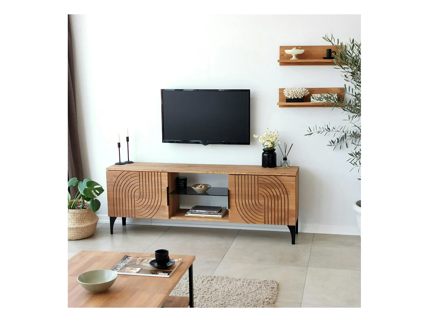 Meuble TV bois clair motif graphique avec 2 étagères LECCE