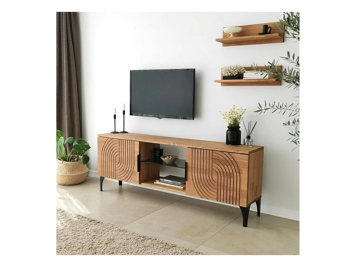 Meuble TV bois clair motif graphique avec 2 étagères LECCE