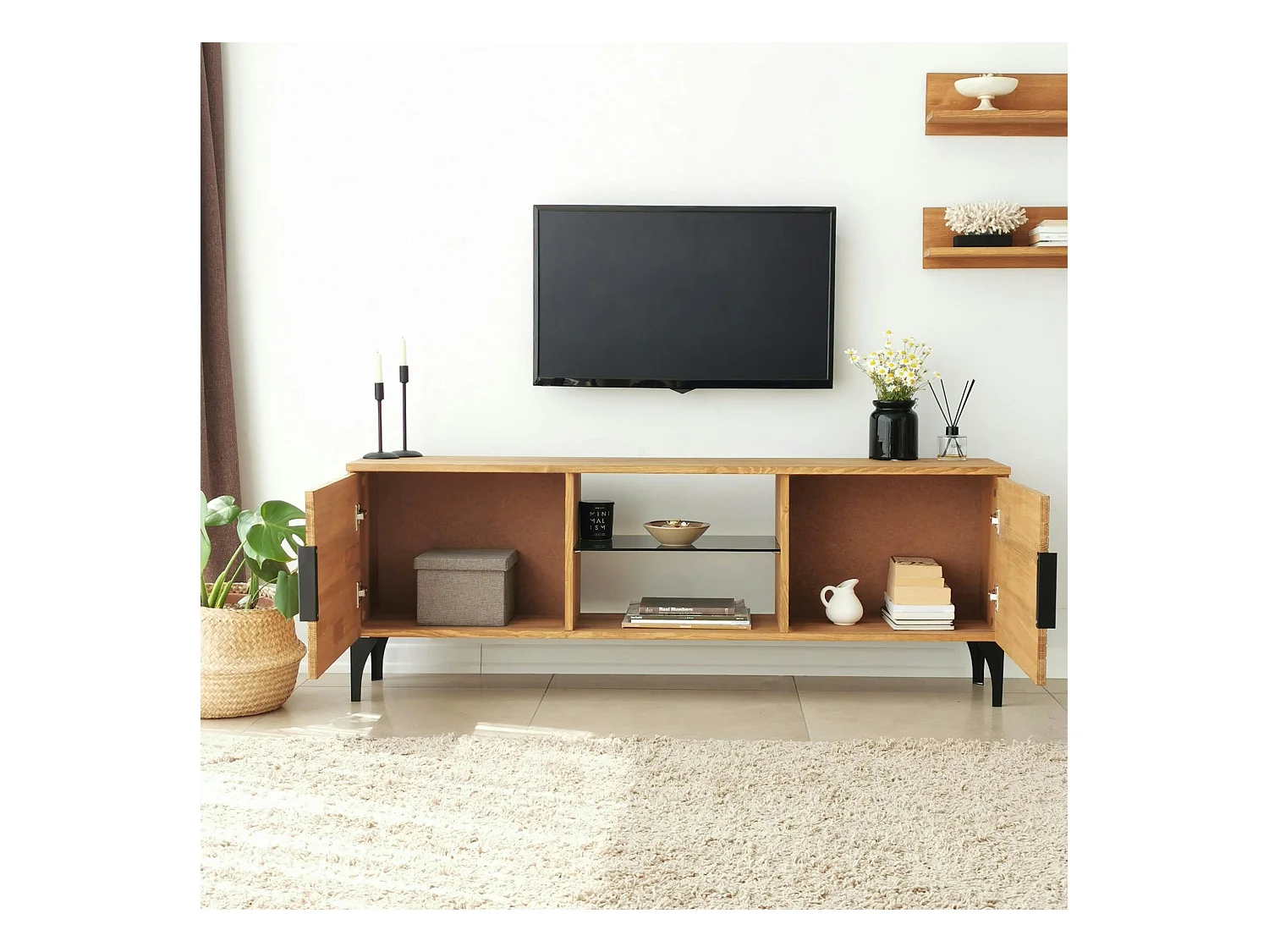 Meuble TV bois clair motif graphique avec 2 étagères LECCE