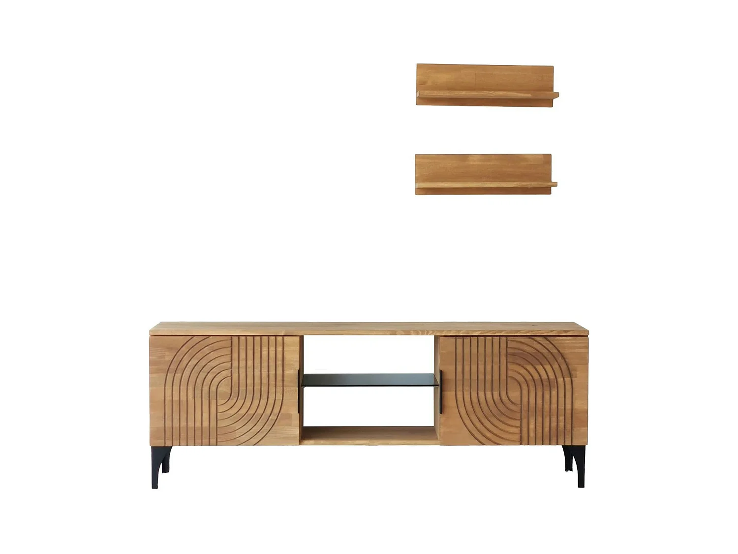 Meuble TV bois clair motif graphique avec 2 étagères LECCE