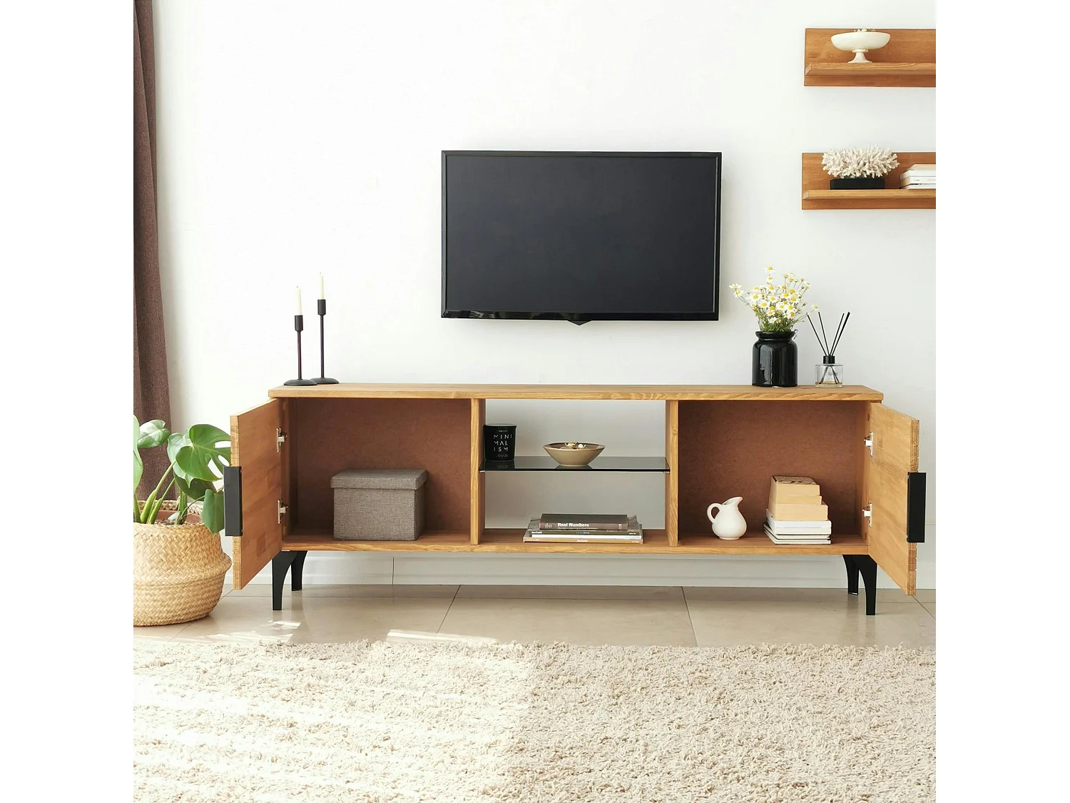 Meuble TV bois clair motif graphique avec 2 étagères LECCE