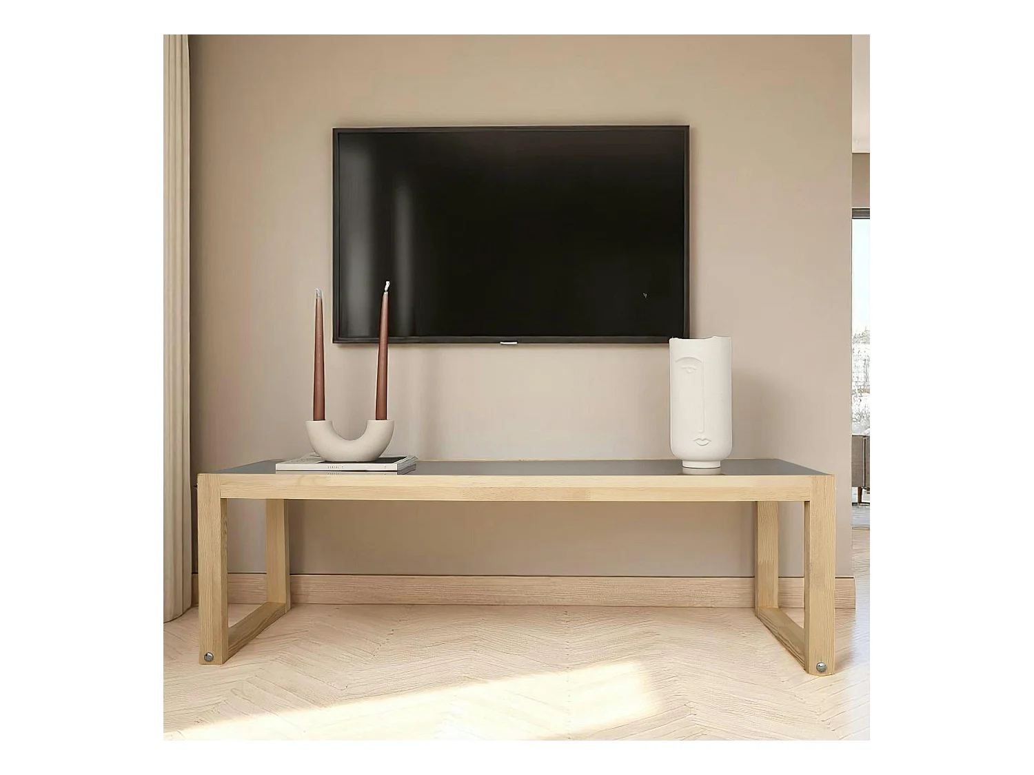 Meuble TV bois blond verre fumé - 130 cm, scandi LHASA