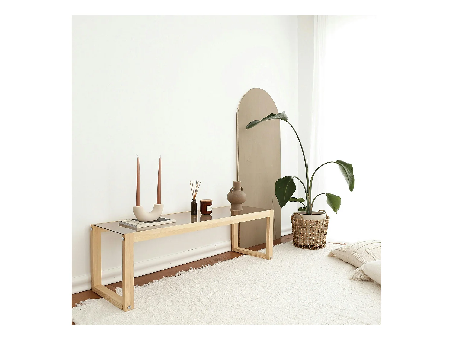 Meuble TV bois blond verre fumé - 130 cm, scandi LHASA