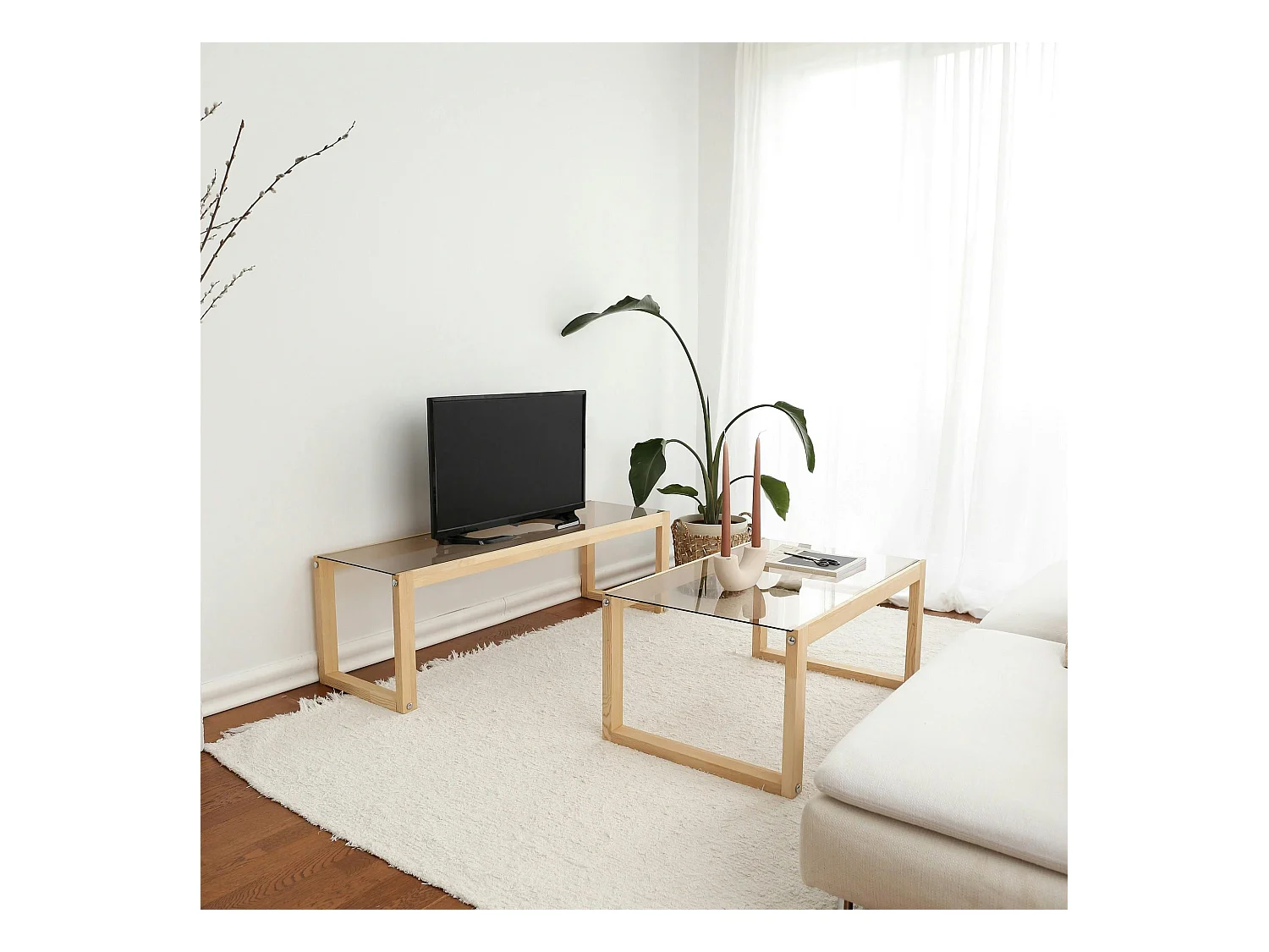 Meuble TV bois blond verre fumé - 130 cm, scandi LHASA