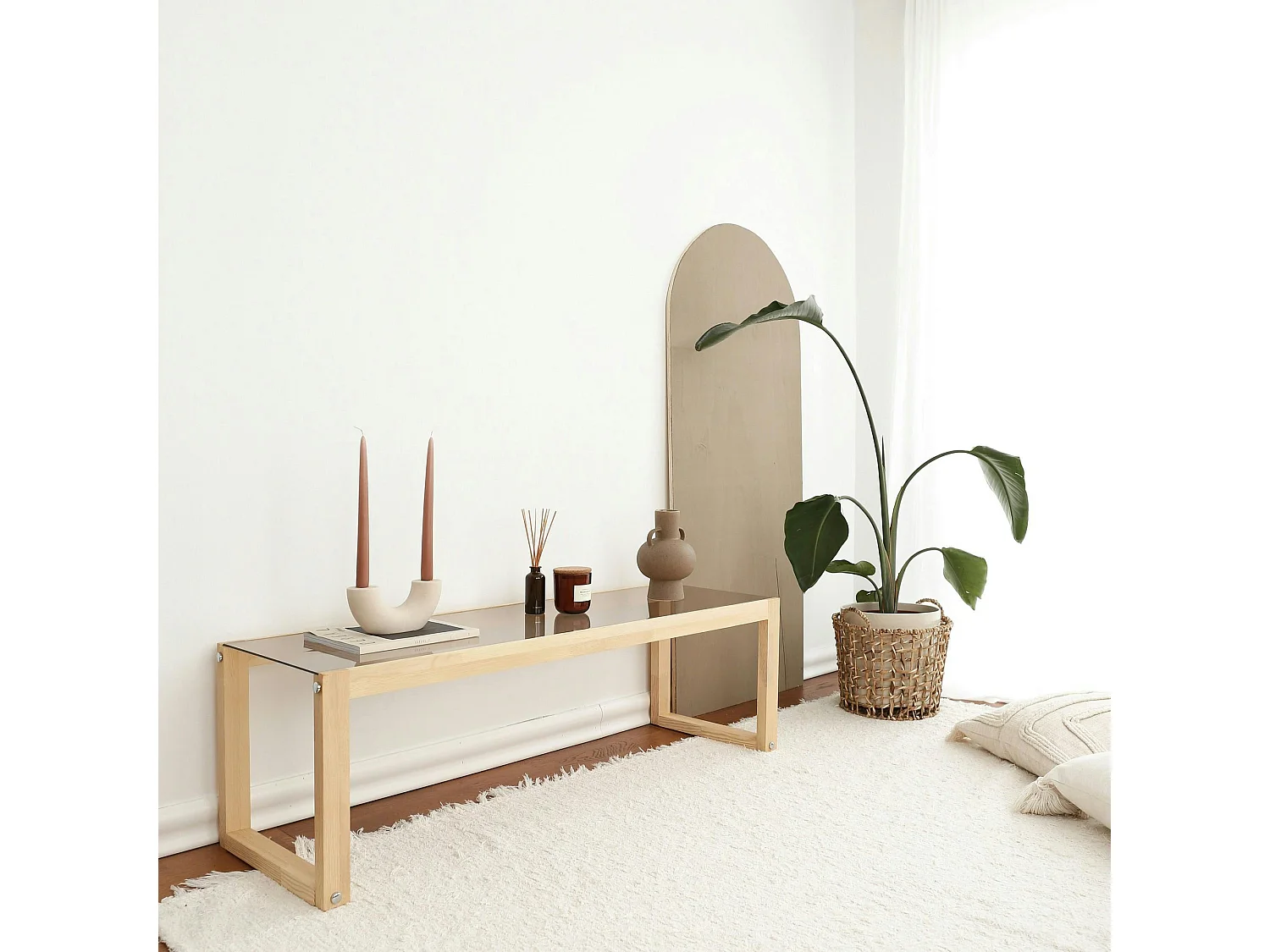 Meuble TV bois blond verre fumé - 130 cm, scandi LHASA