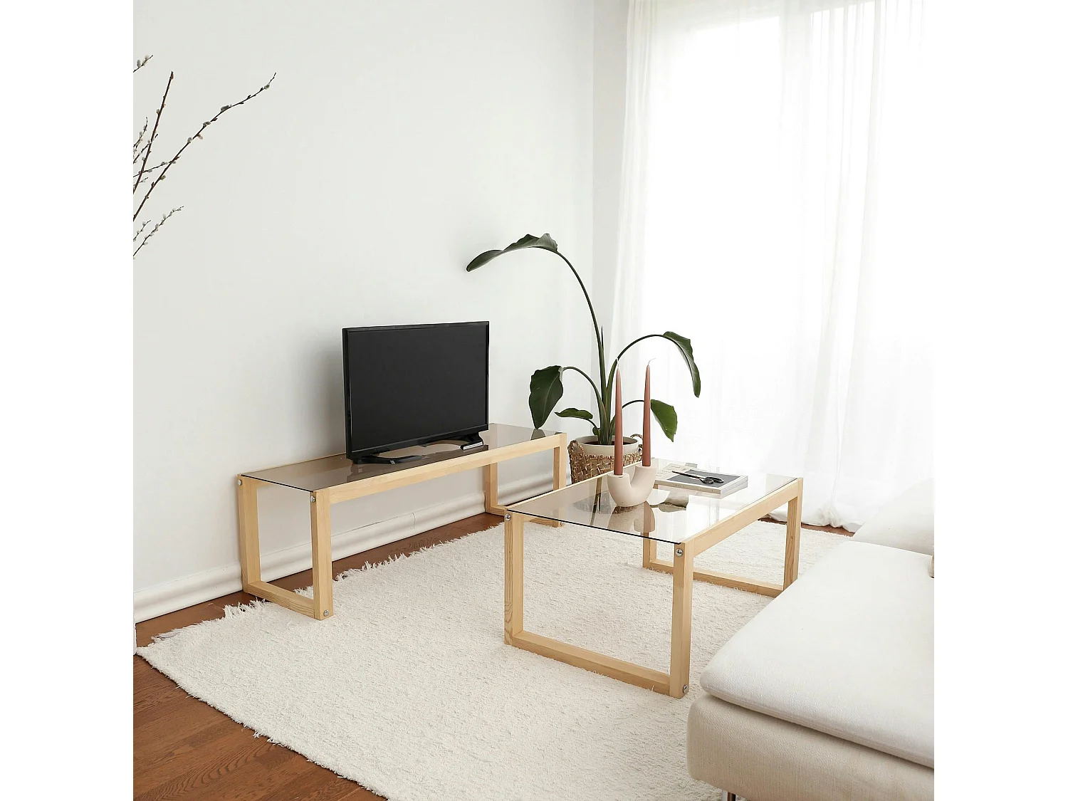 Meuble TV bois blond verre fumé - 130 cm, scandi LHASA