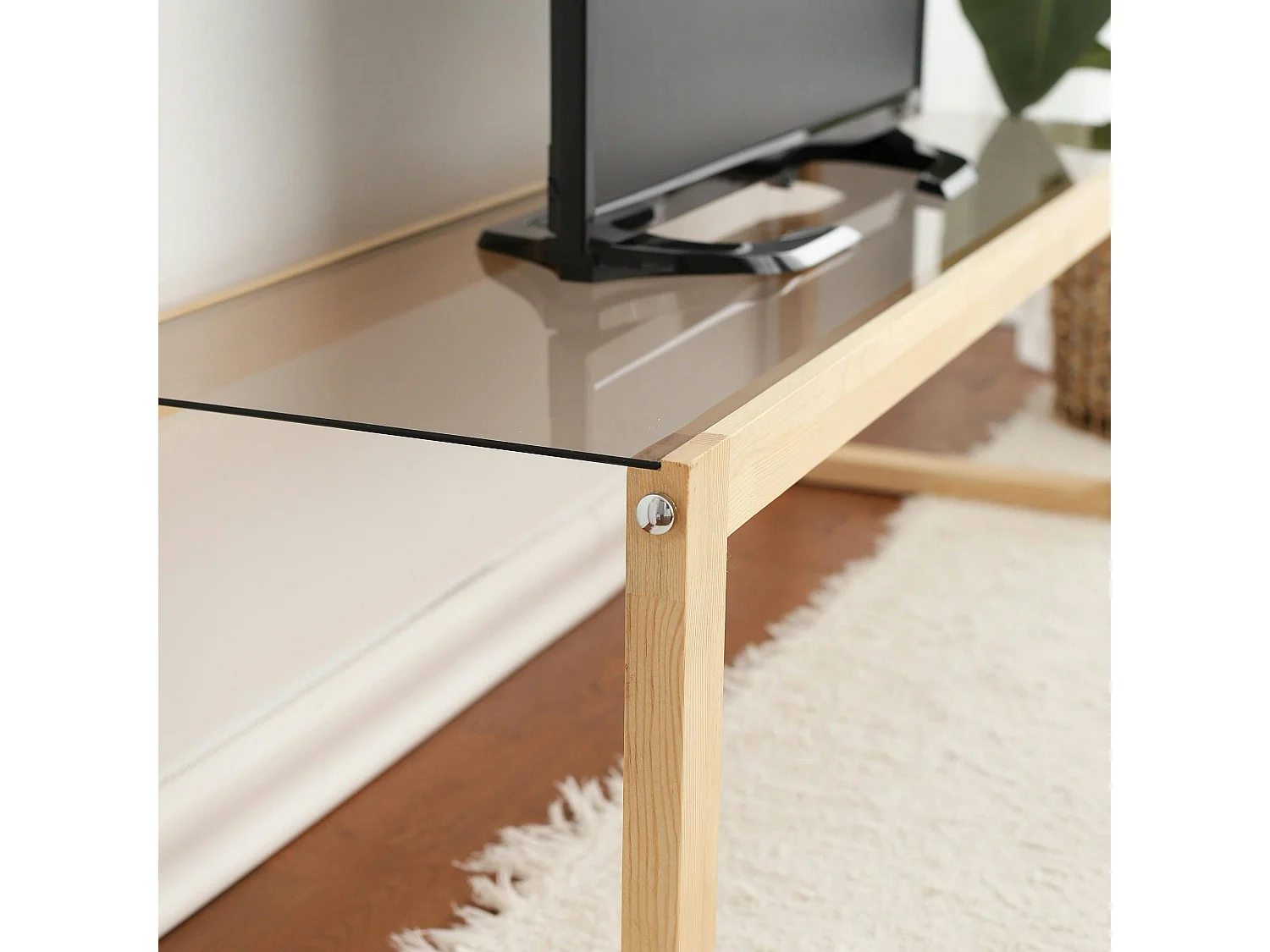 Meuble TV bois blond verre fumé - 130 cm, scandi LHASA