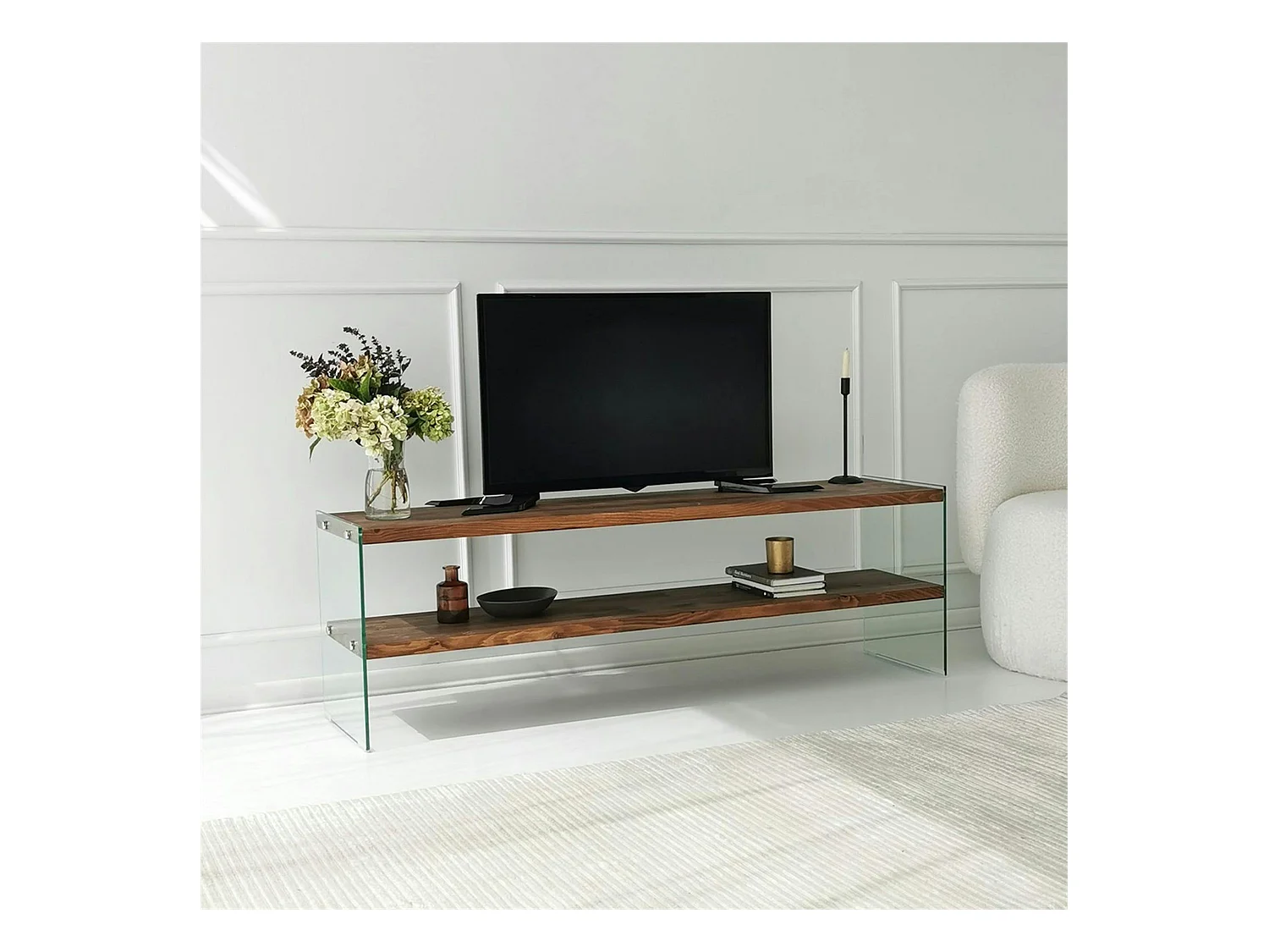 Banc TV en bois brun et verre - 2 niveaux, 140 cm LHASA