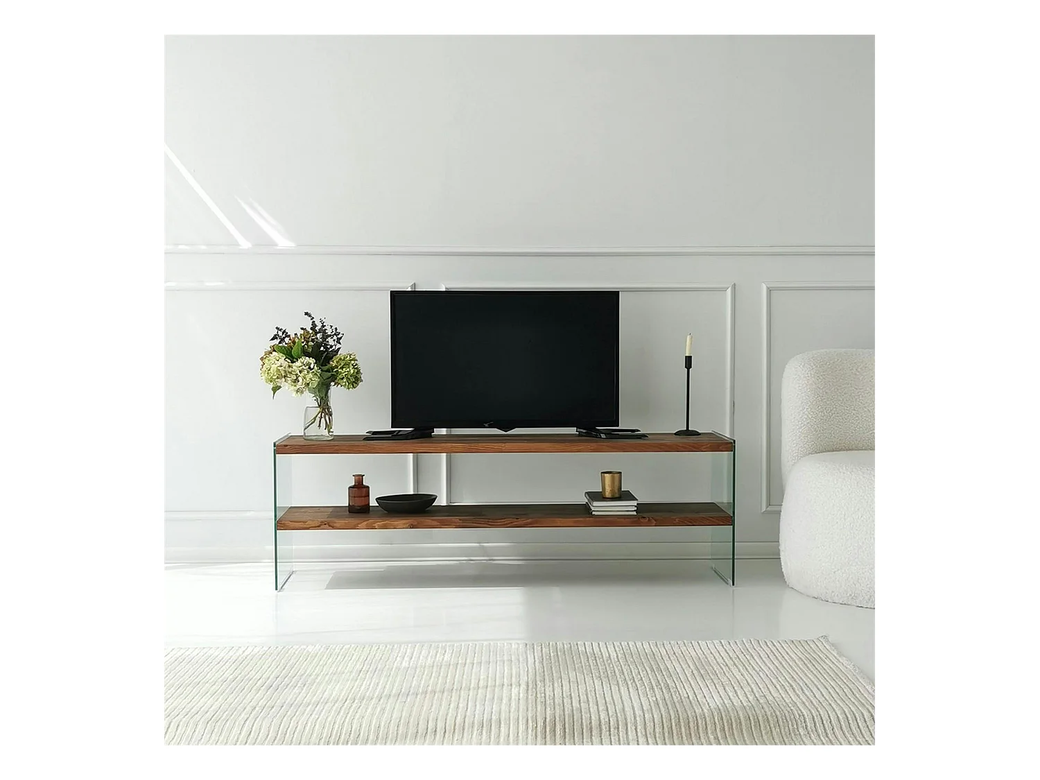 Banc TV en bois brun et verre - 2 niveaux, 140 cm LHASA