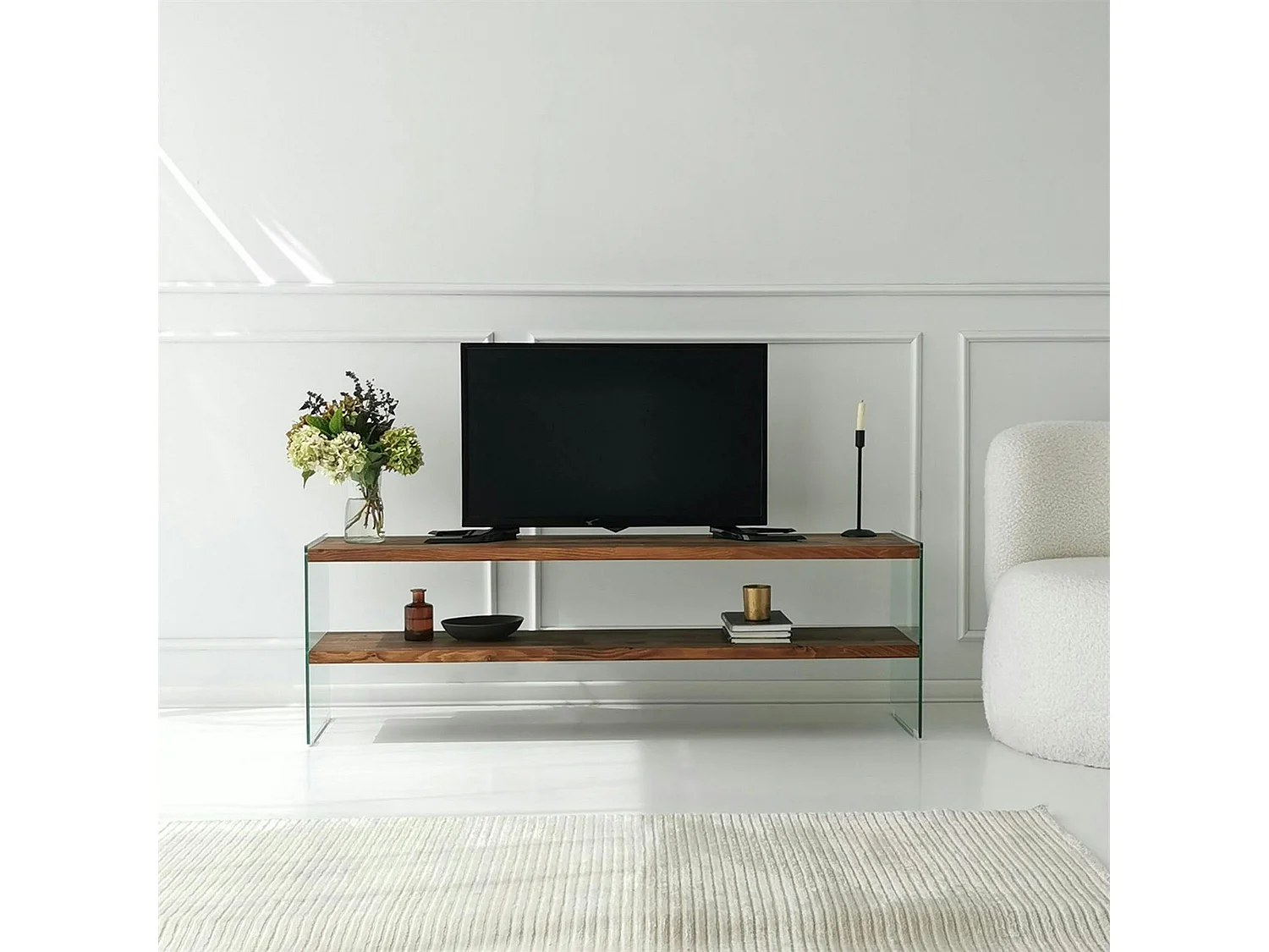 Banc TV en bois brun et verre - 2 niveaux, 140 cm LHASA