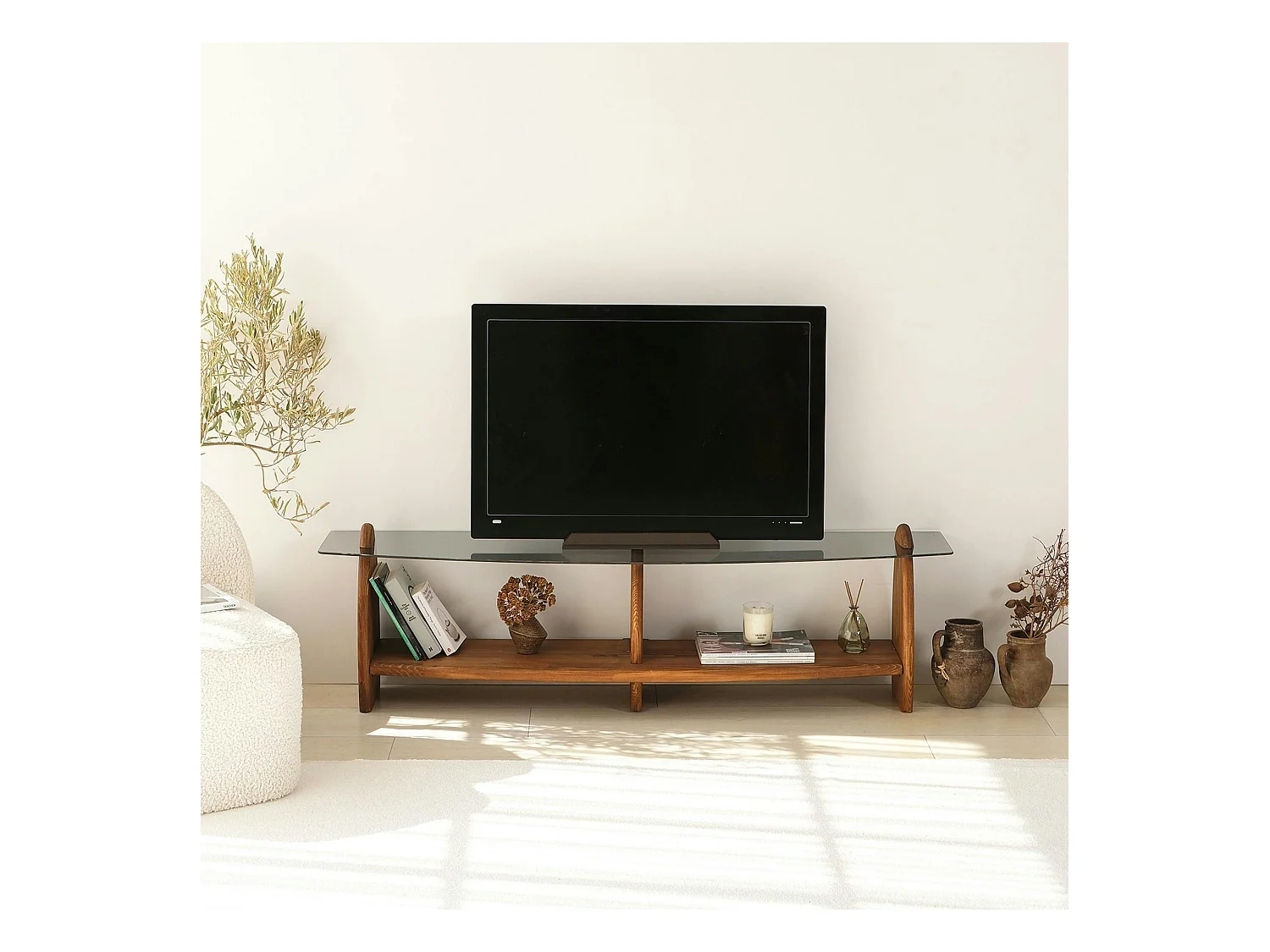 Meuble TV bois brun et verre fumé - 2 niches, vintage ANZIO