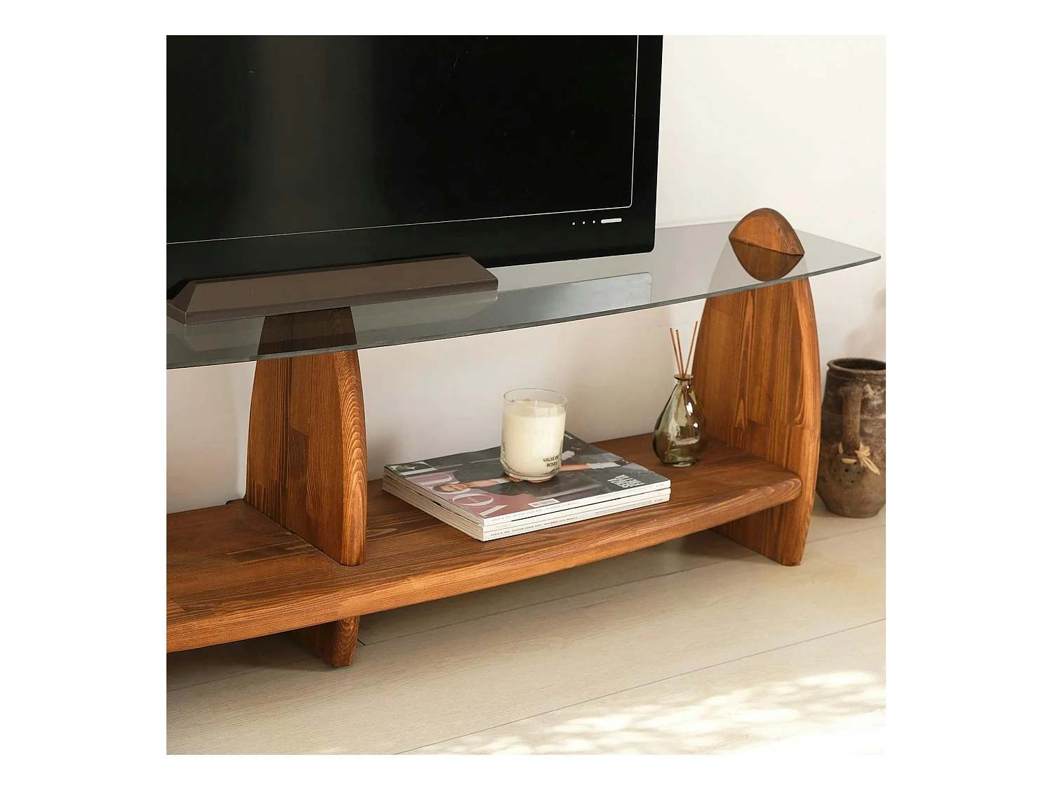 Meuble TV bois brun et verre fumé - 2 niches, vintage ANZIO