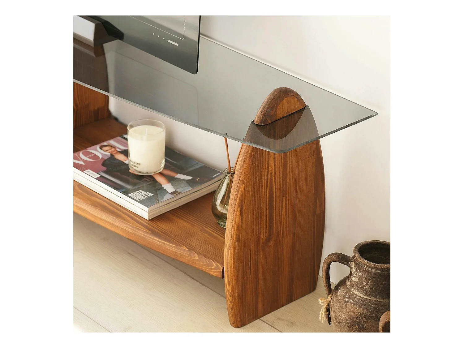 Meuble TV bois brun et verre fumé - 2 niches, vintage ANZIO