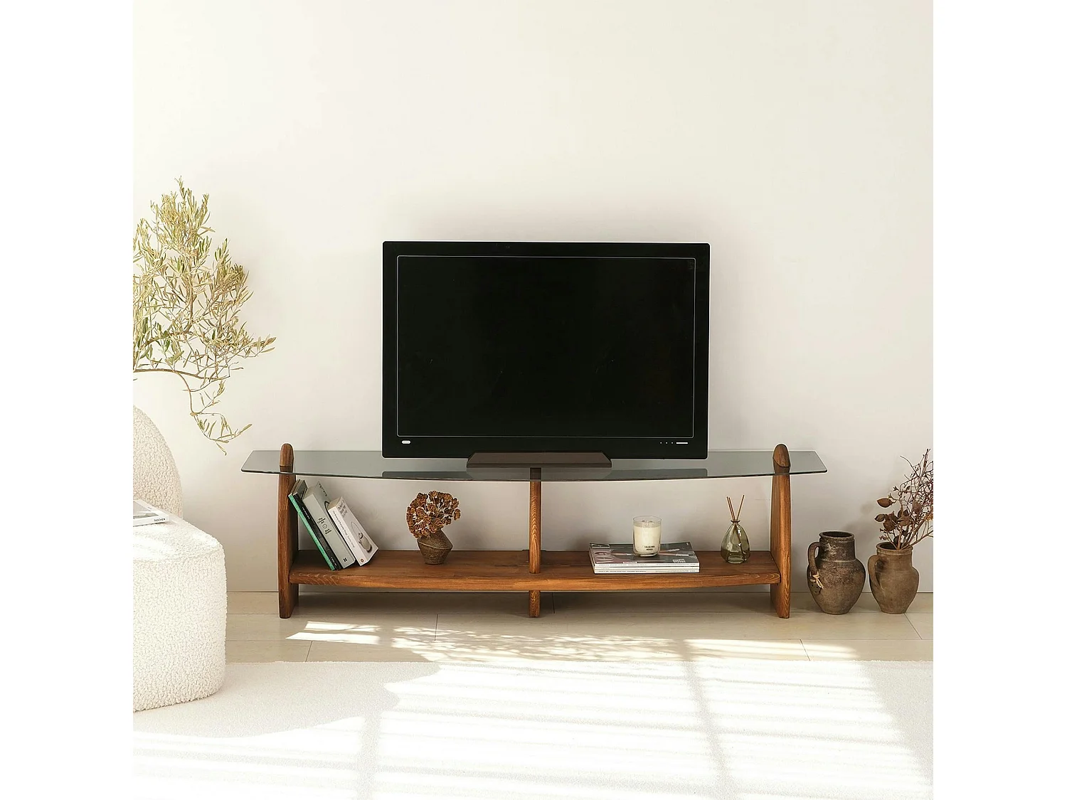 Meuble TV bois brun et verre fumé - 2 niches, vintage ANZIO