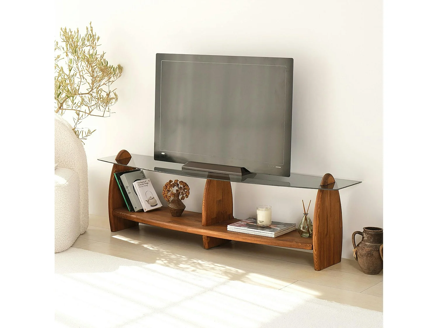 Meuble TV bois brun et verre fumé - 2 niches, vintage ANZIO