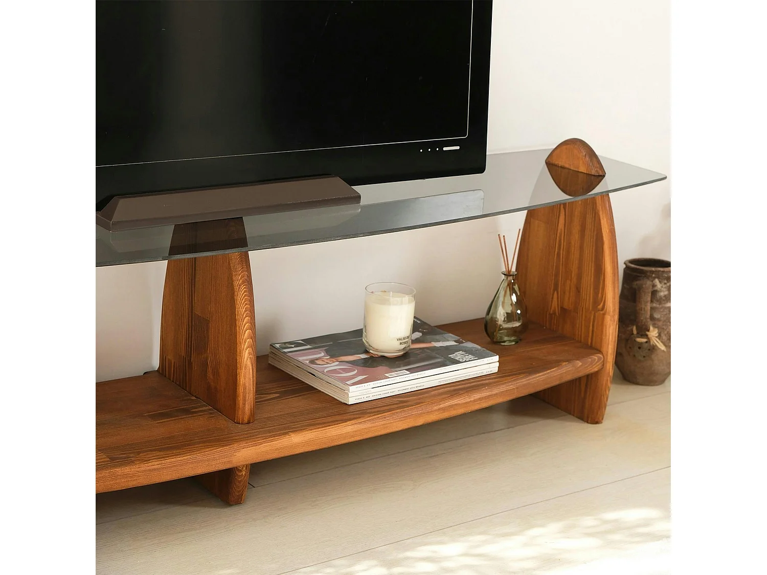 Meuble TV bois brun et verre fumé - 2 niches, vintage ANZIO