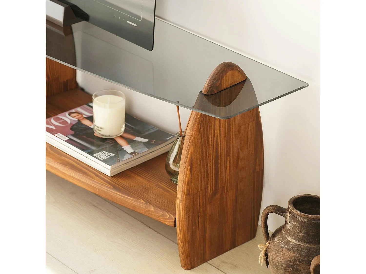 Meuble TV bois brun et verre fumé - 2 niches, vintage ANZIO