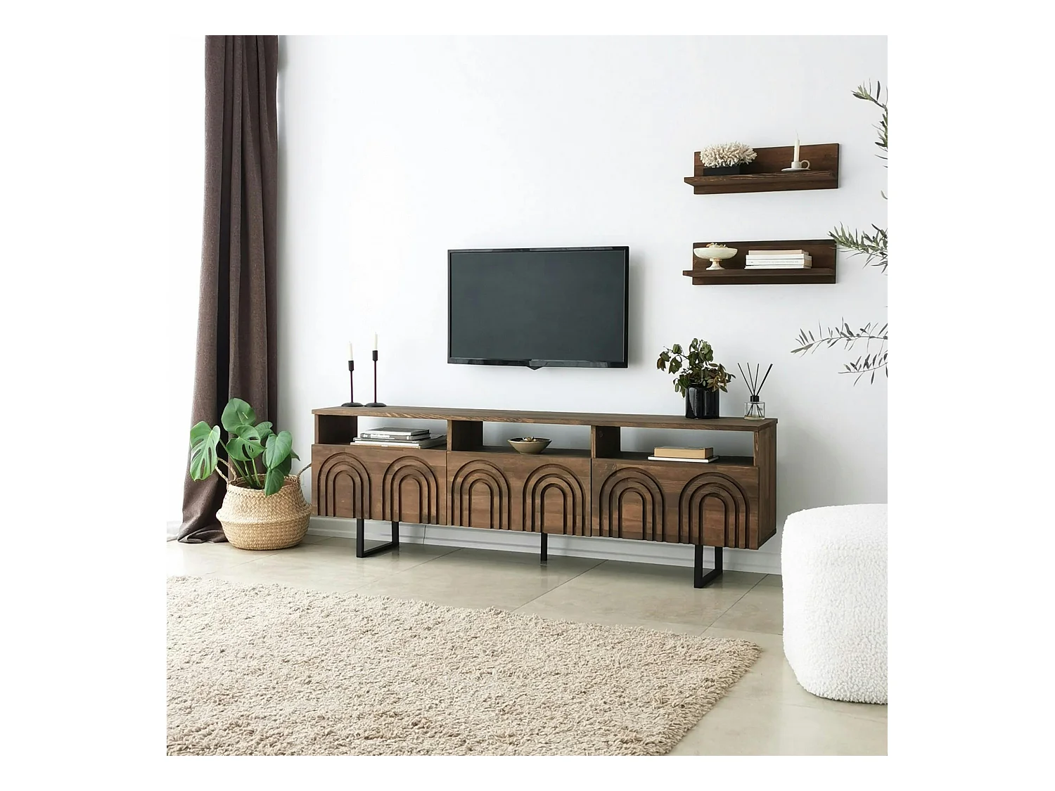 Meuble TV bois brun motif arches avec 2 étagères JACA