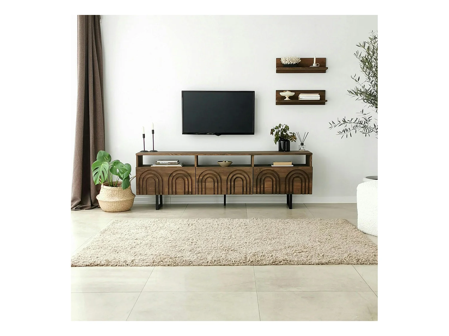 Meuble TV bois brun motif arches avec 2 étagères JACA