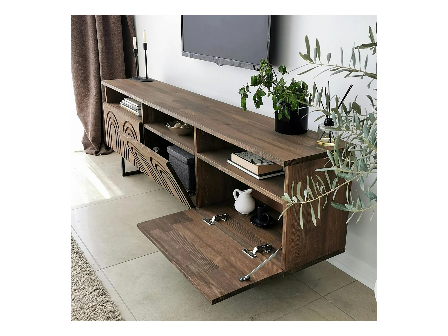 Meuble TV bois brun motif arches avec 2 étagères JACA