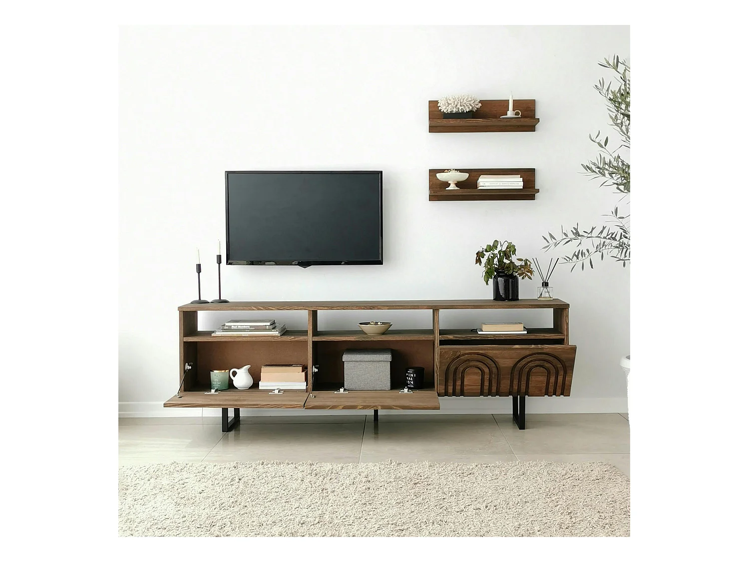 Meuble TV bois brun motif arches avec 2 étagères JACA