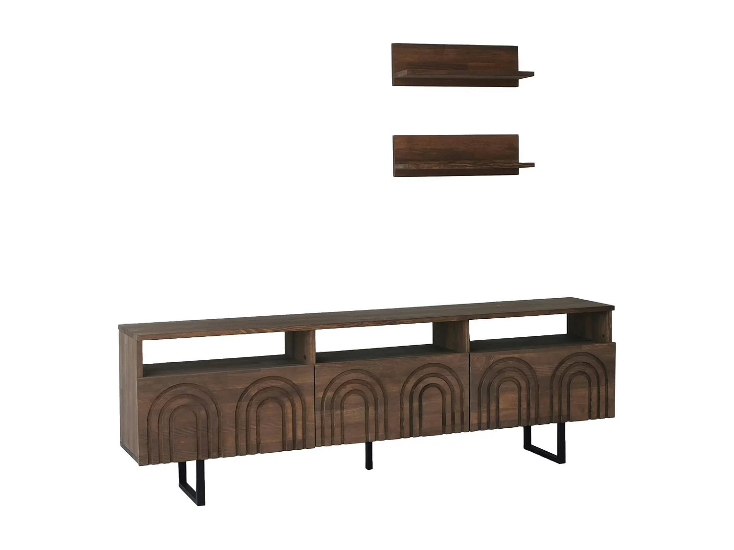 Meuble TV bois brun motif arches avec 2 étagères JACA