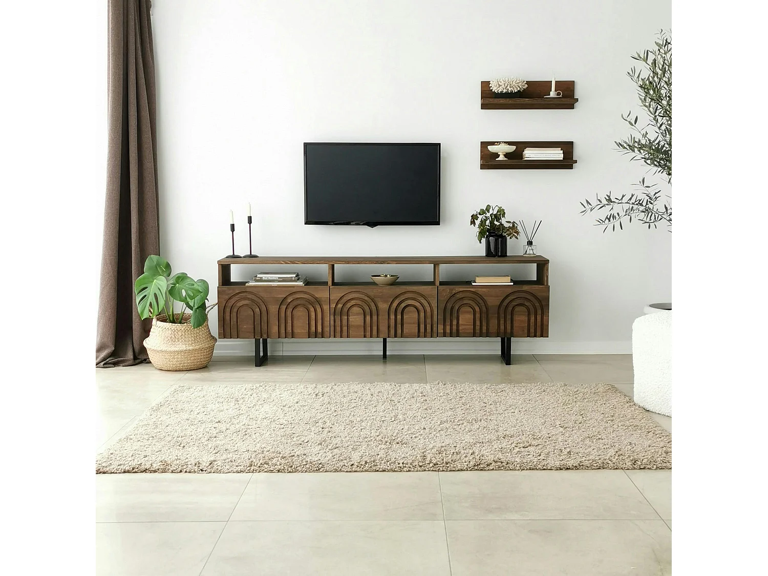 Meuble TV bois brun motif arches avec 2 étagères JACA