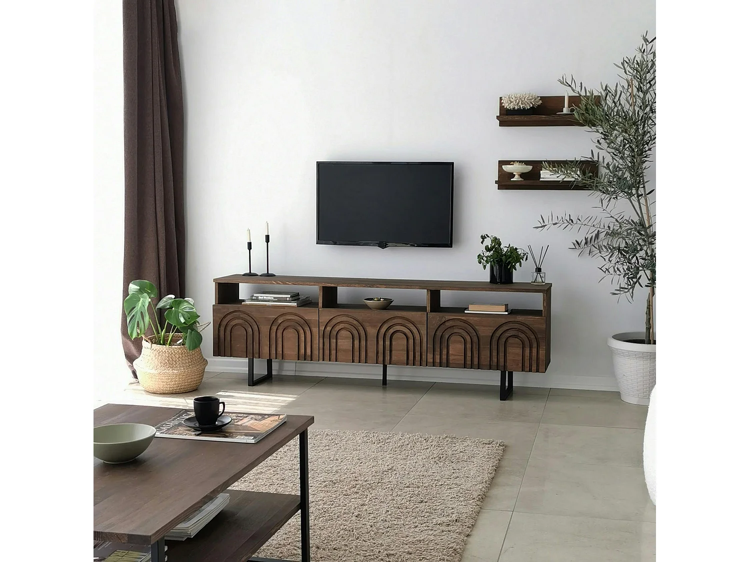 Meuble TV bois brun motif arches avec 2 étagères JACA