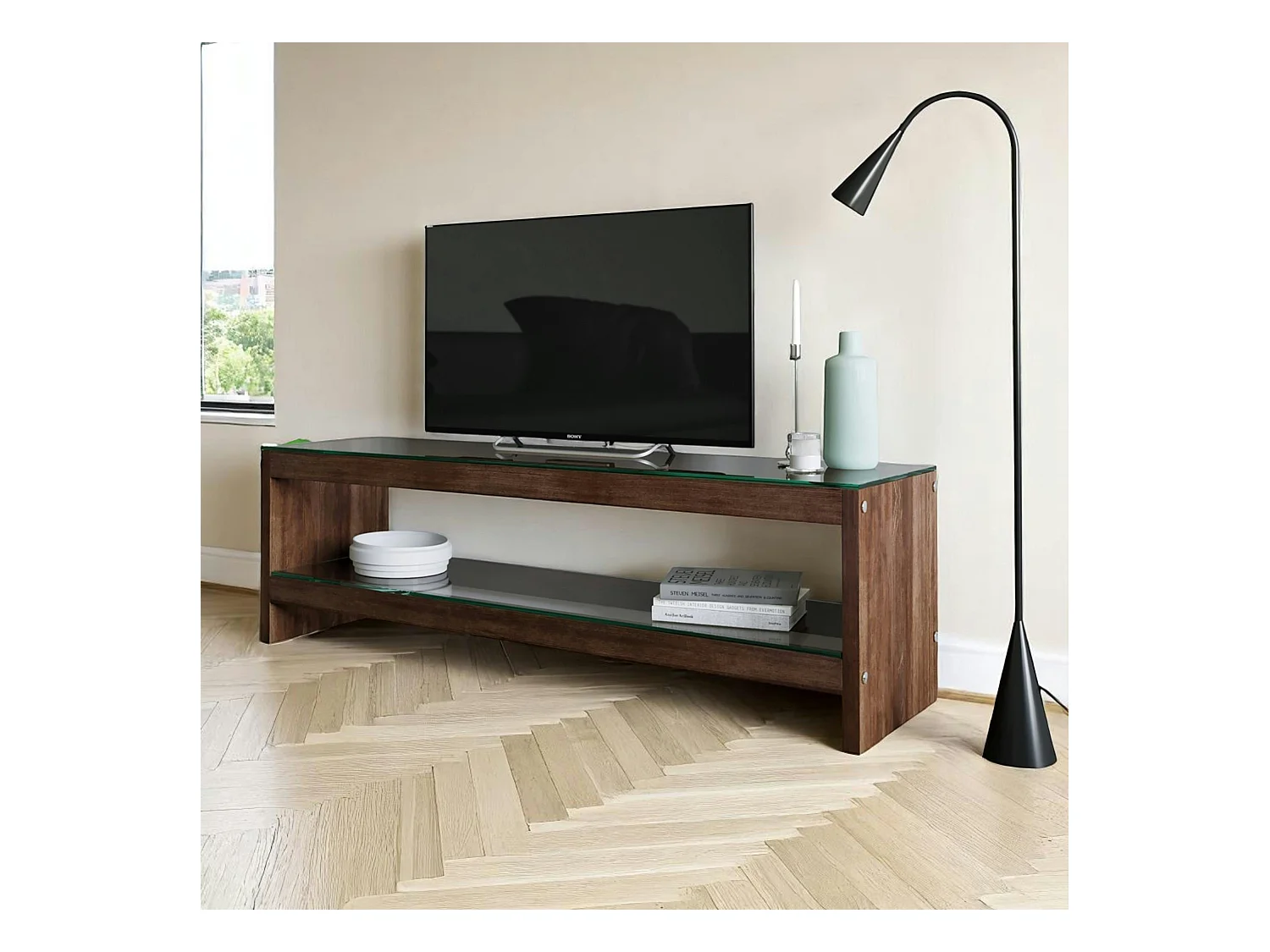 Meuble TV en bois brun et verre - 140 cm LHASA