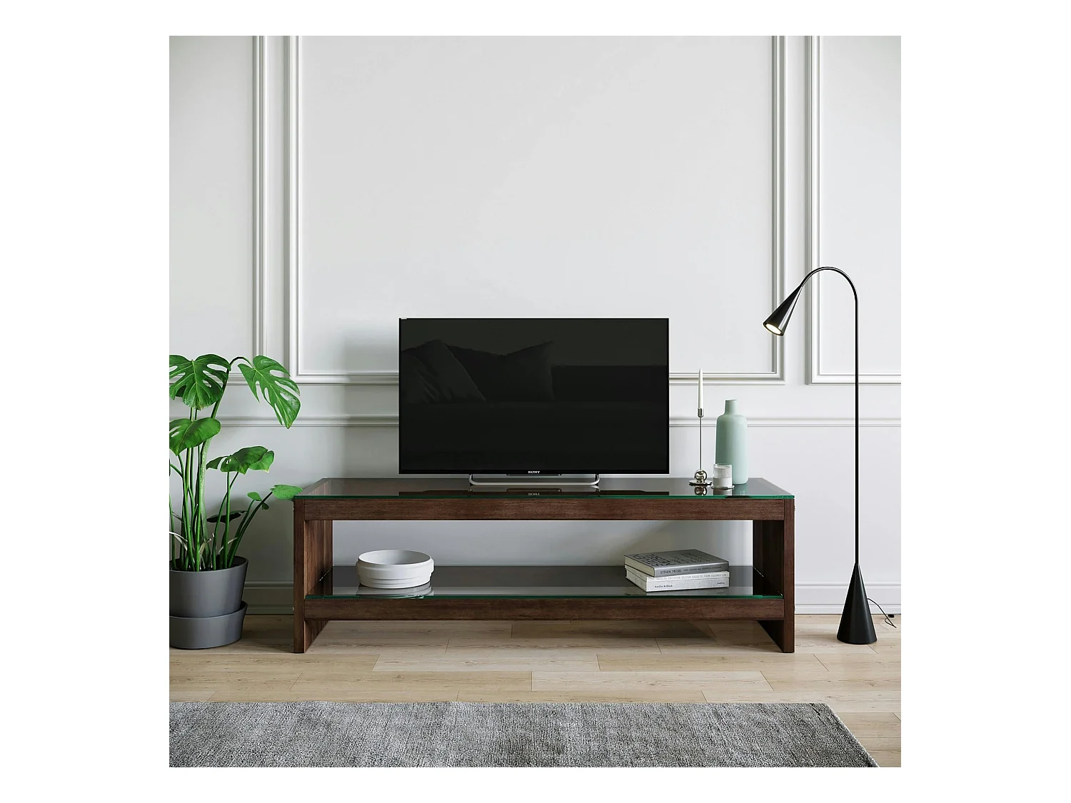 Meuble TV en bois brun et verre - 140 cm LHASA
