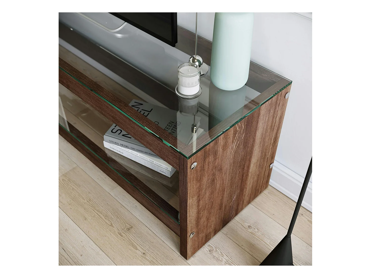 Meuble TV en bois brun et verre - 140 cm LHASA