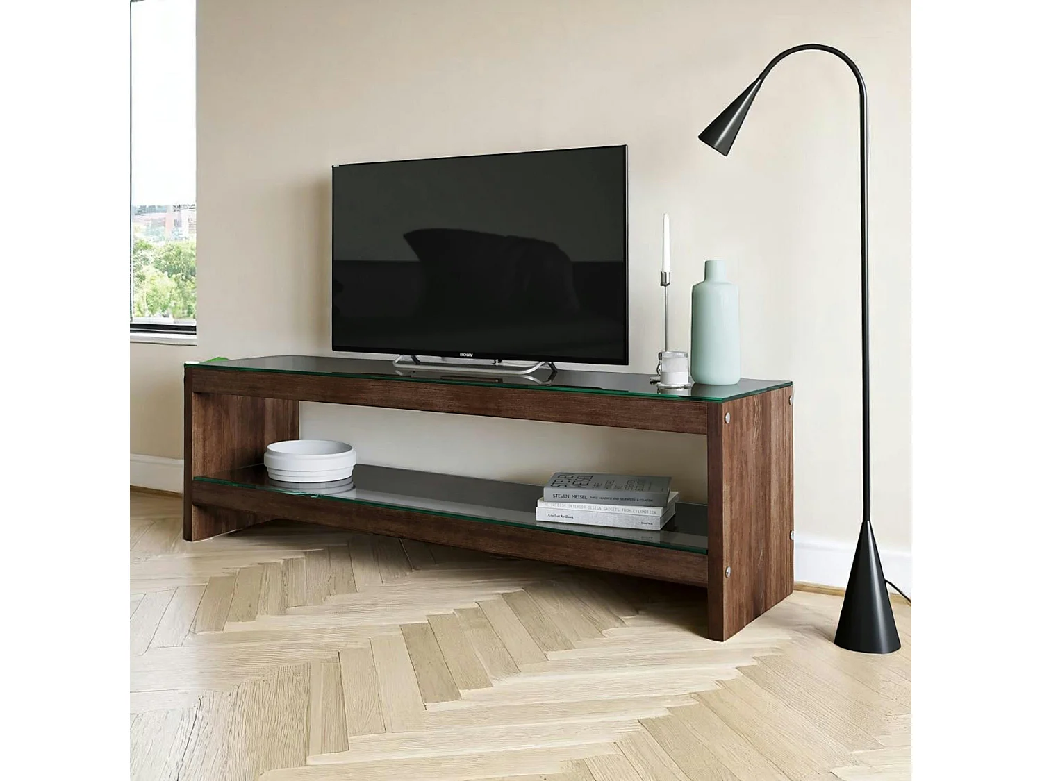 Meuble TV en bois brun et verre - 140 cm LHASA