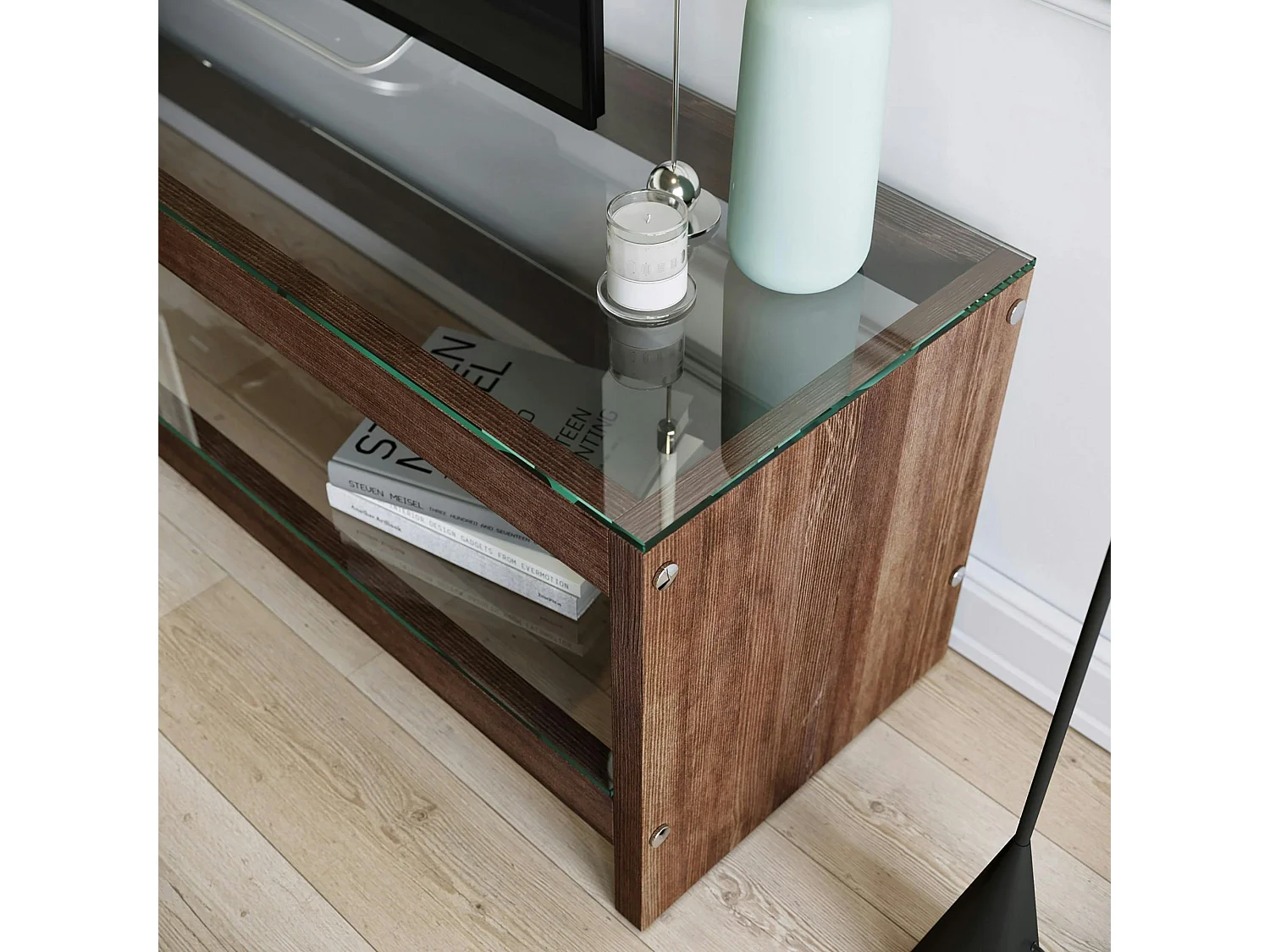 Meuble TV en bois brun et verre - 140 cm LHASA
