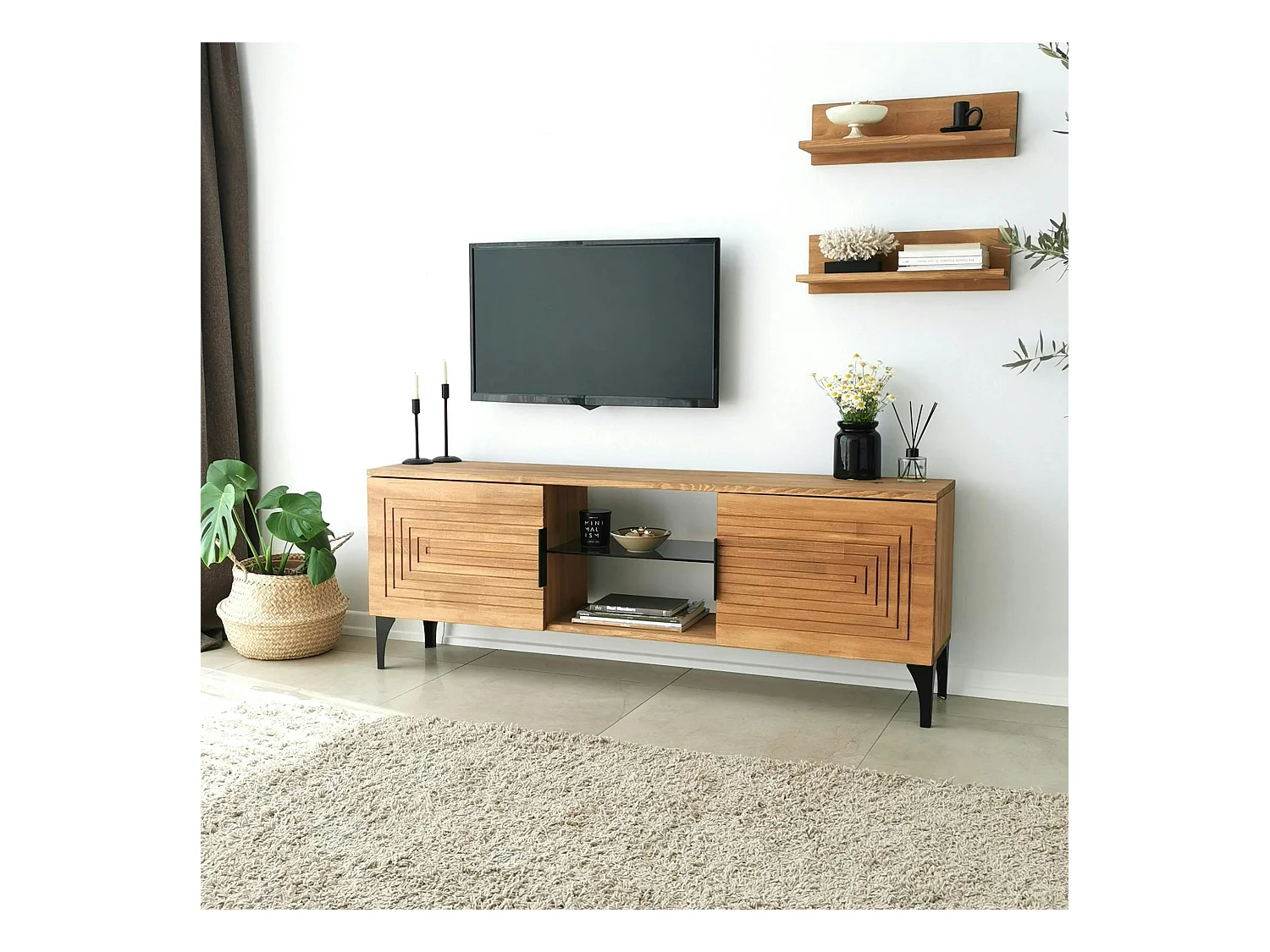 Meuble TV bois clair sculpté - 2 étagères assorties LECCE