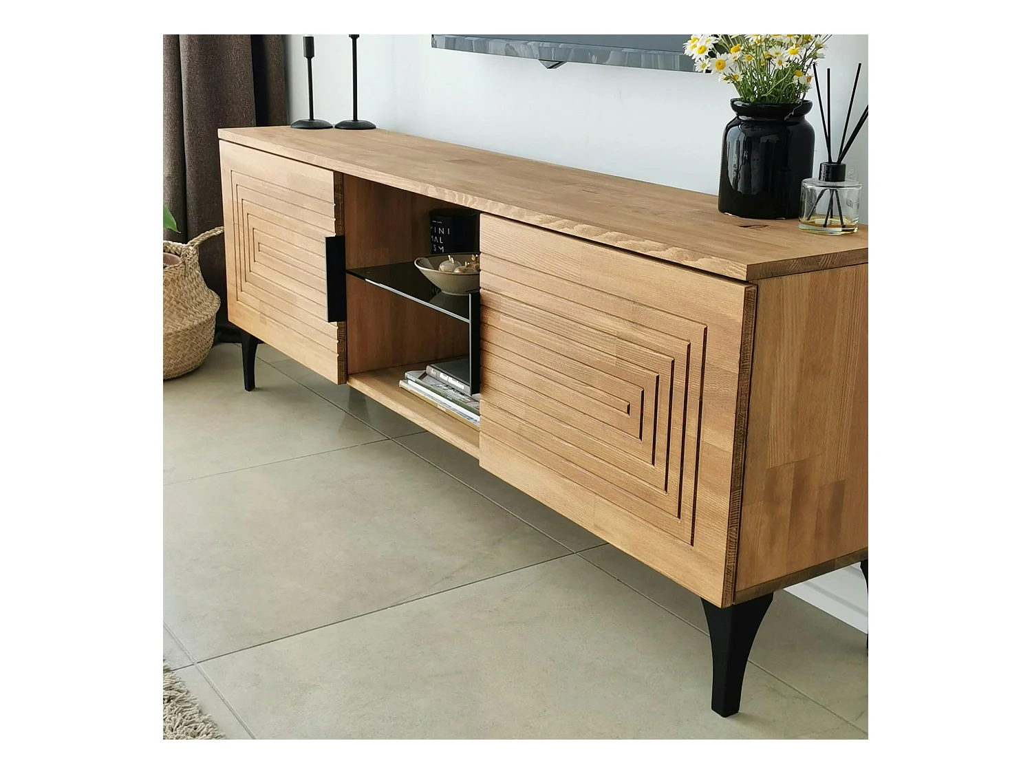 Meuble TV bois clair sculpté - 2 étagères assorties LECCE