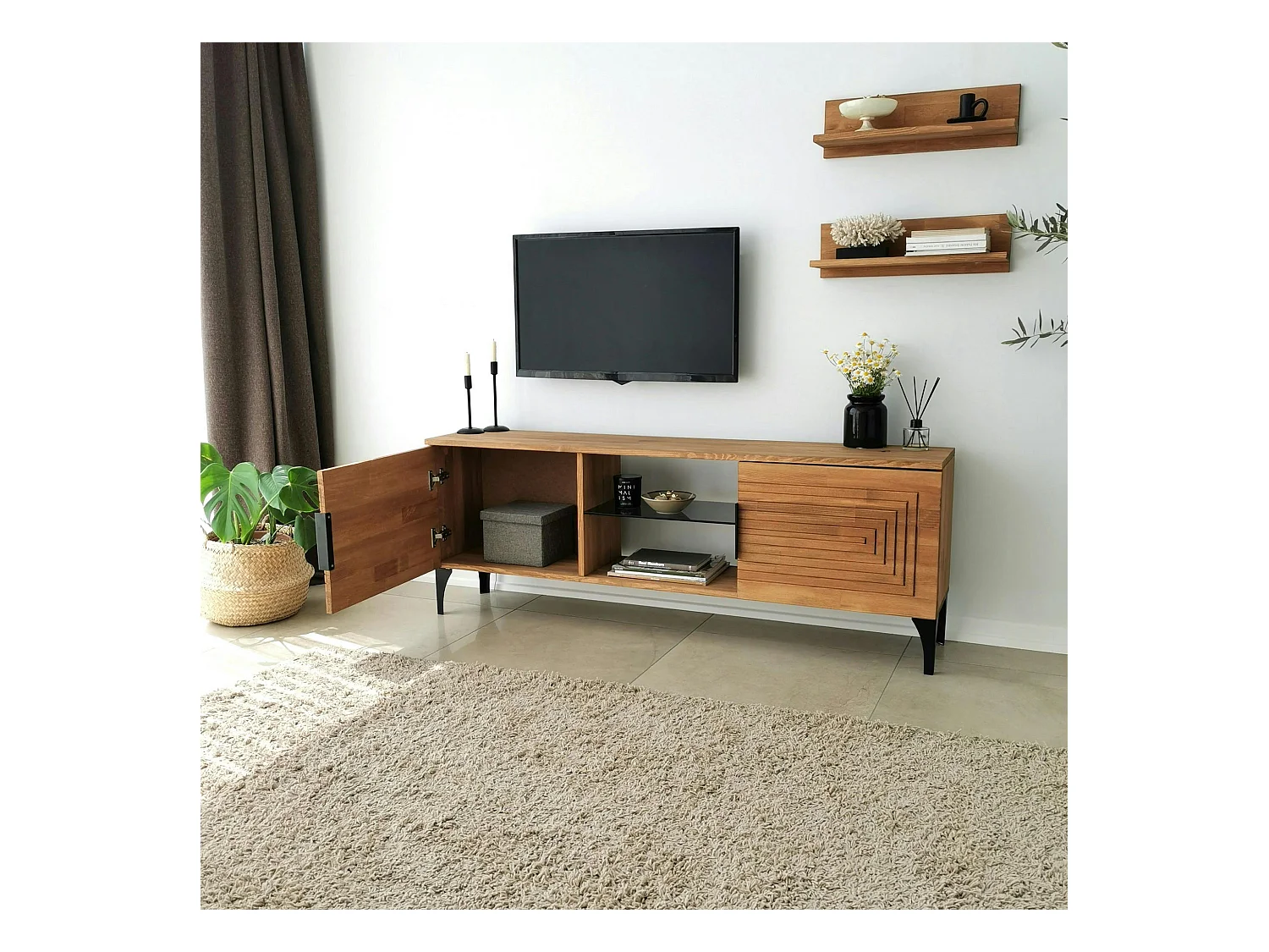 Meuble TV bois clair sculpté - 2 étagères assorties LECCE