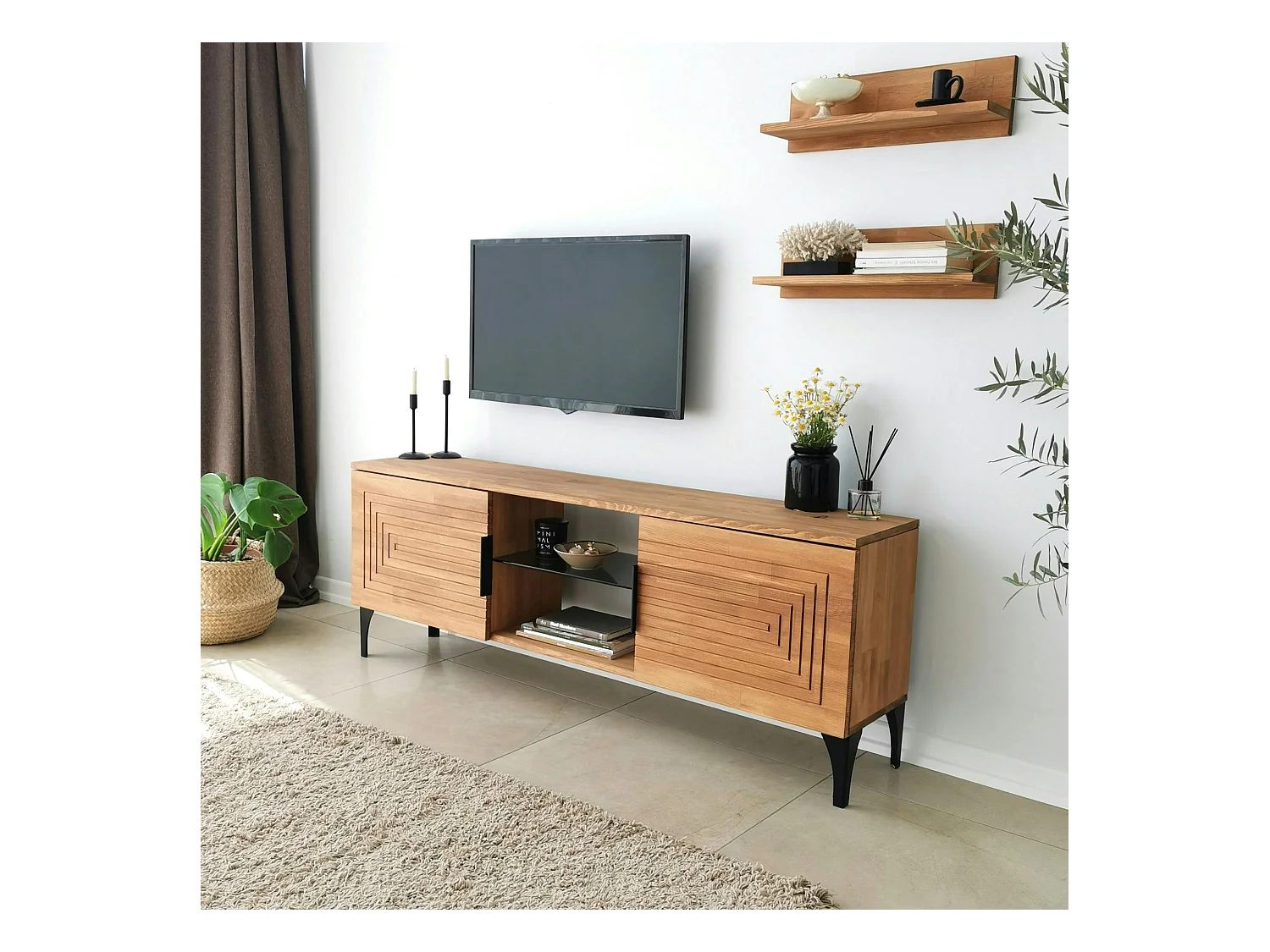 Meuble TV bois clair sculpté - 2 étagères assorties LECCE