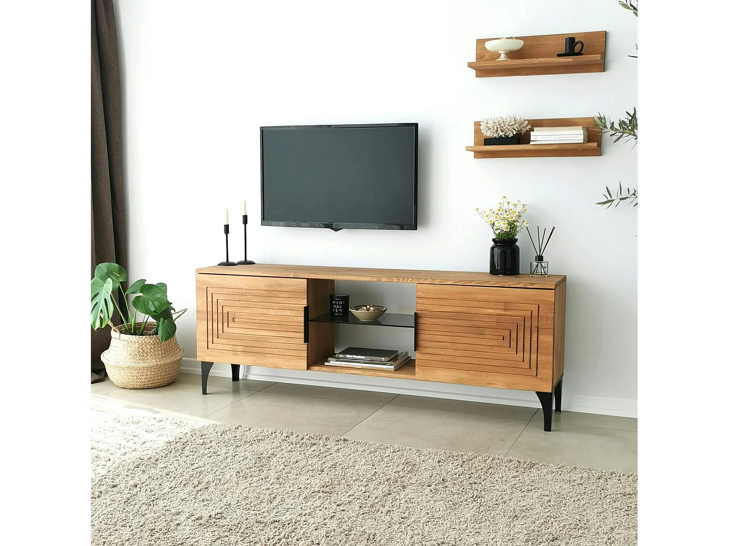 Meuble TV bois clair sculpté - 2 étagères assorties LECCE