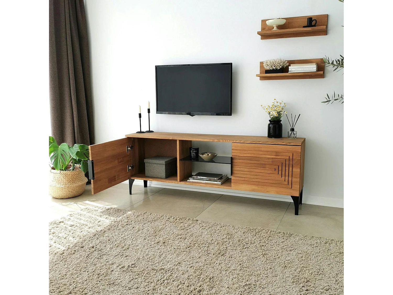 Meuble TV bois clair sculpté - 2 étagères assorties LECCE