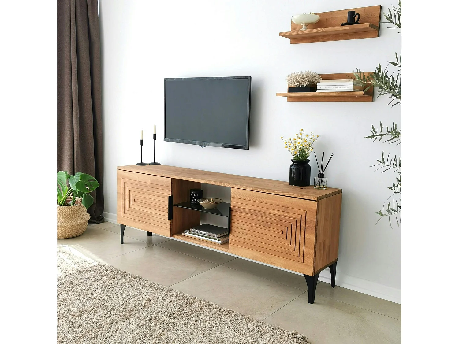 Meuble TV bois clair sculpté - 2 étagères assorties LECCE