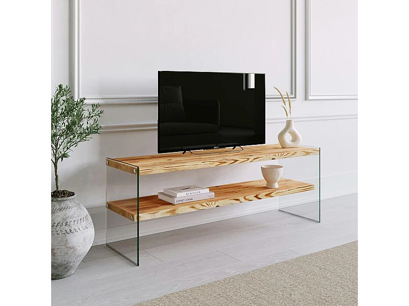 Meuble TV en bois clair et verre - 2 niveaux LHASA