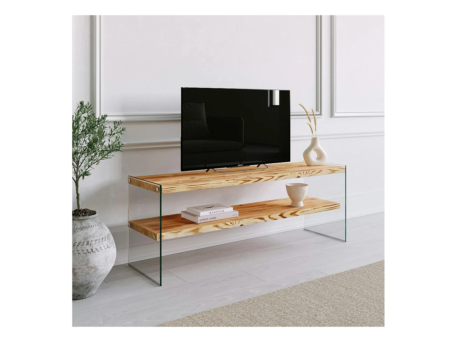 Meuble TV en bois clair et verre - 2 niveaux LHASA